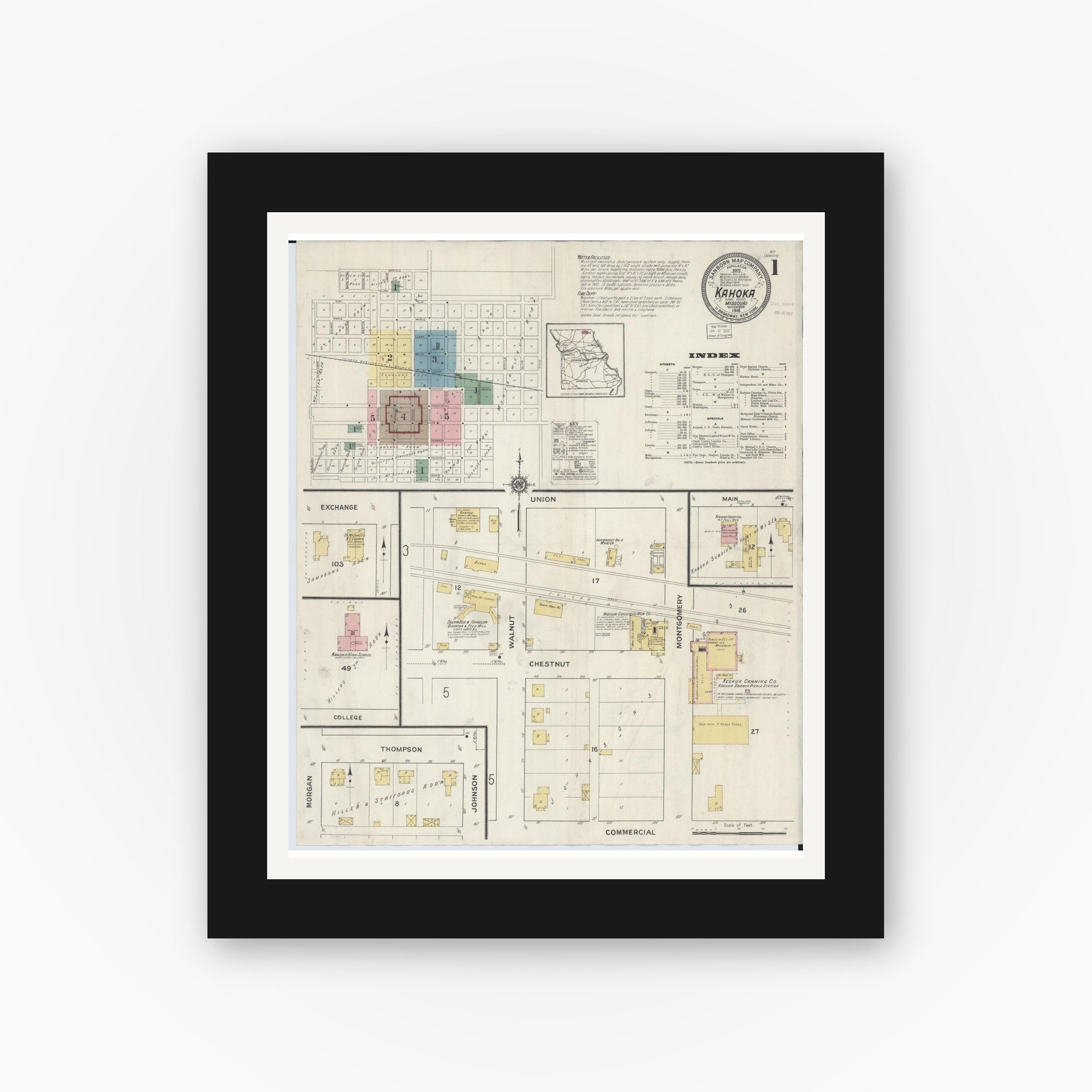 Old map wall art mockup — black gallery frame with white mat — Sanborn Fire Insurance Map from Kahoka, Clark County, Missouri (1916) - Complete Map Set