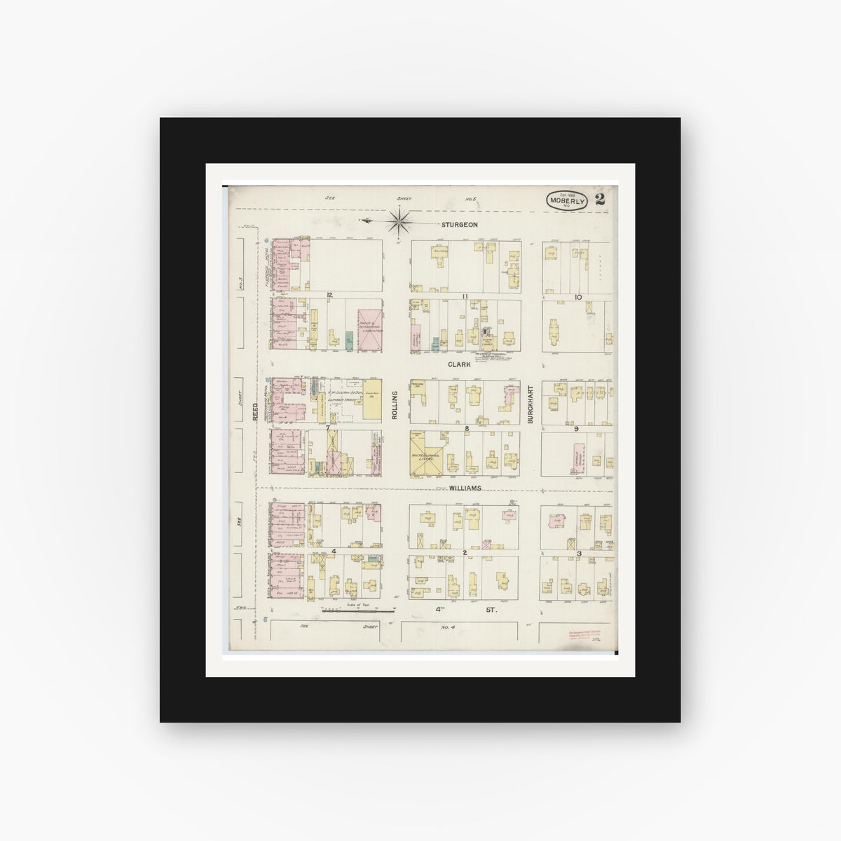 Old map wall art mockup — black gallery frame with white mat — Sanborn Fire Insurance Map from Moberly, Randolph County, Missouri (1888), Sheet #0002