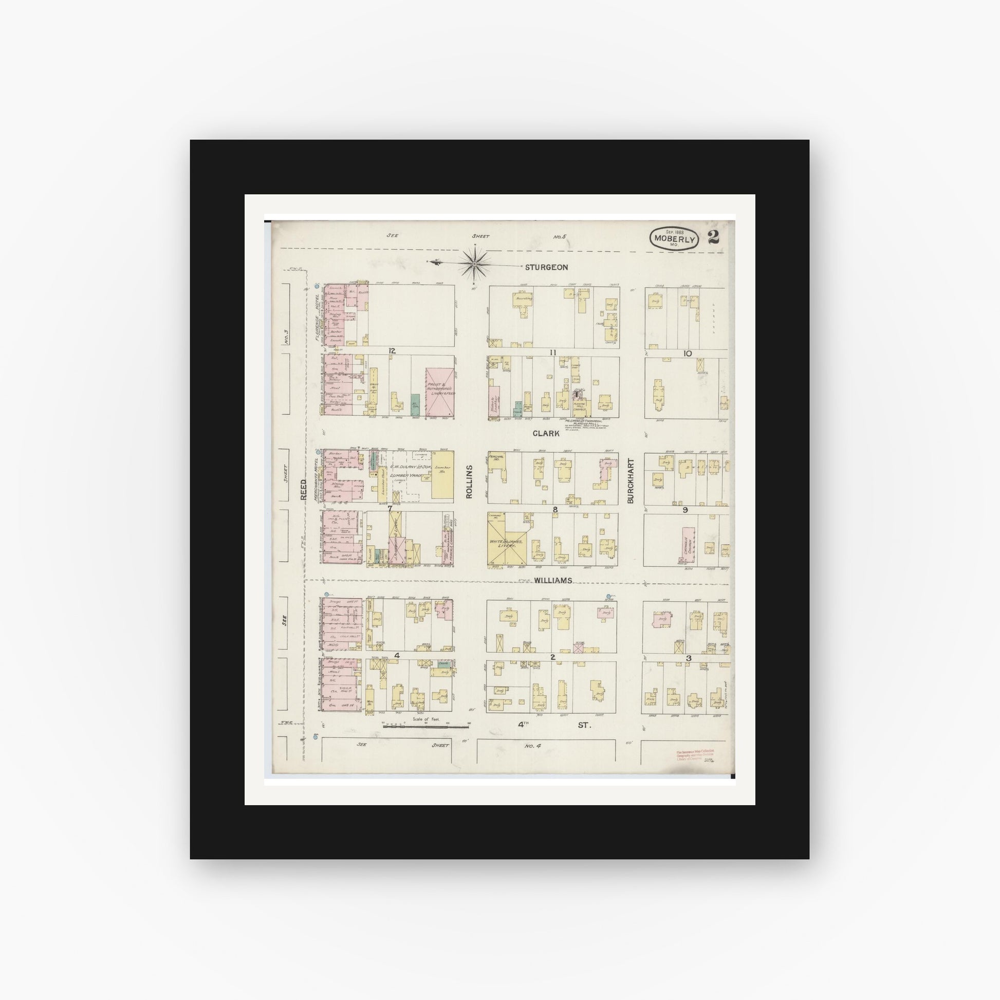 Old map wall art mockup — black gallery frame with white mat — Sanborn Fire Insurance Map from Moberly, Randolph County, Missouri (1888), Sheet #0002