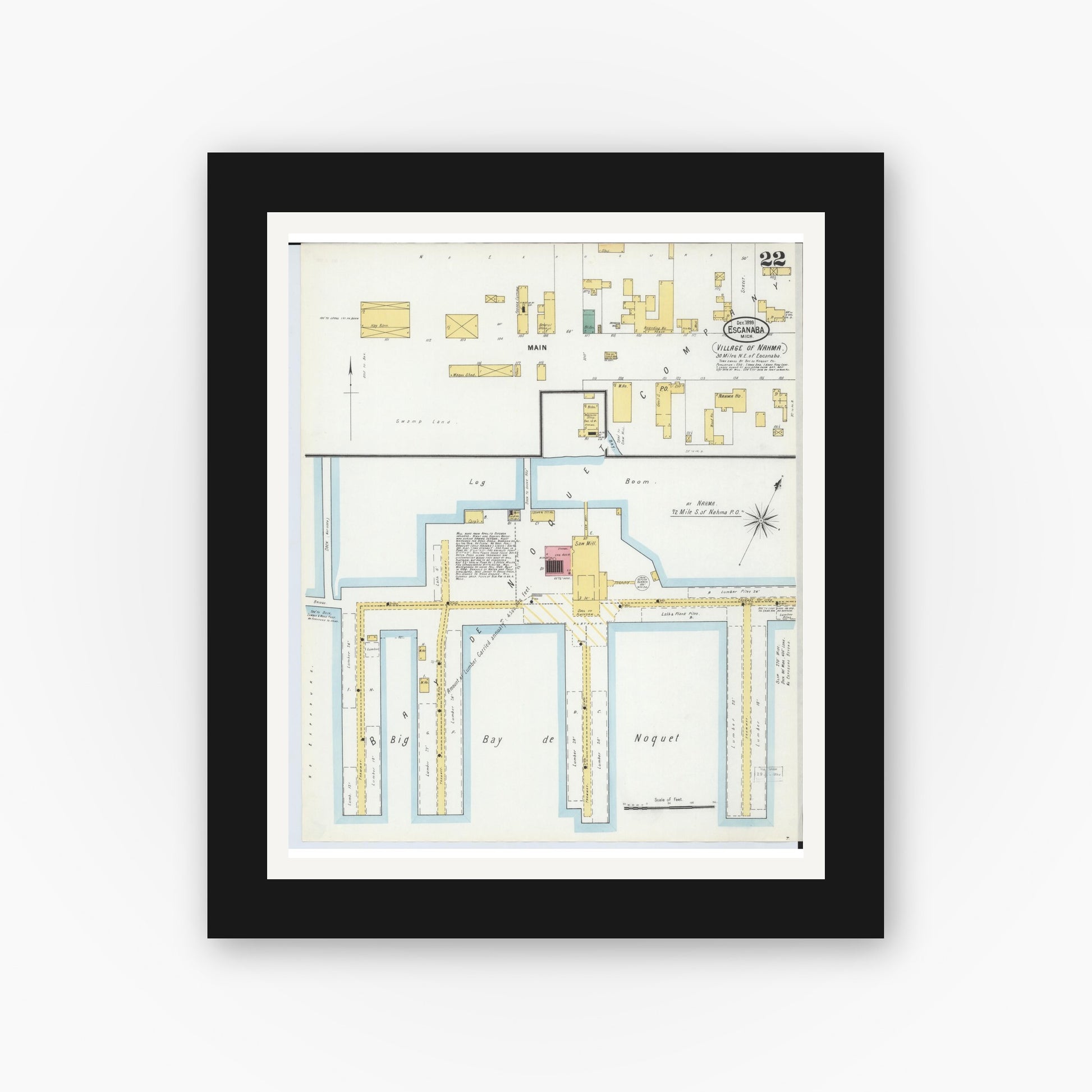 Old map wall art mockup — black gallery frame with white mat — Sanborn Fire Insurance Map from Escanaba, Delta County, Michigan (1899), Sheet #0022