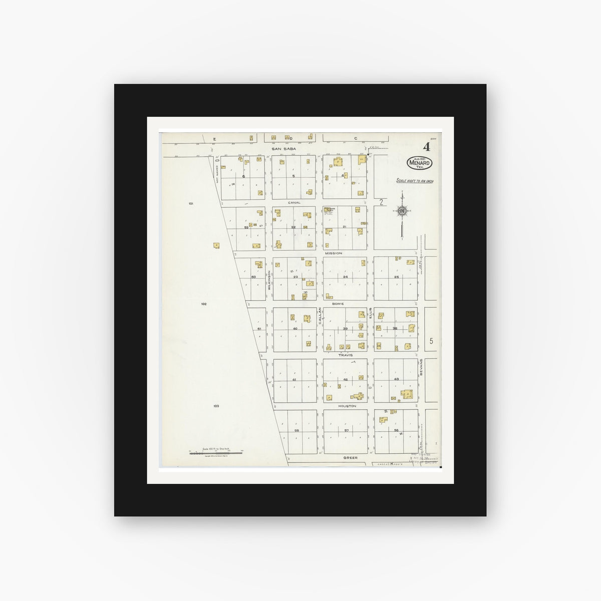 Old map wall art mockup — black gallery frame with white mat — Sanborn Fire Insurance Map from Menard, Menard County, Texas (1921), Sheet #0004