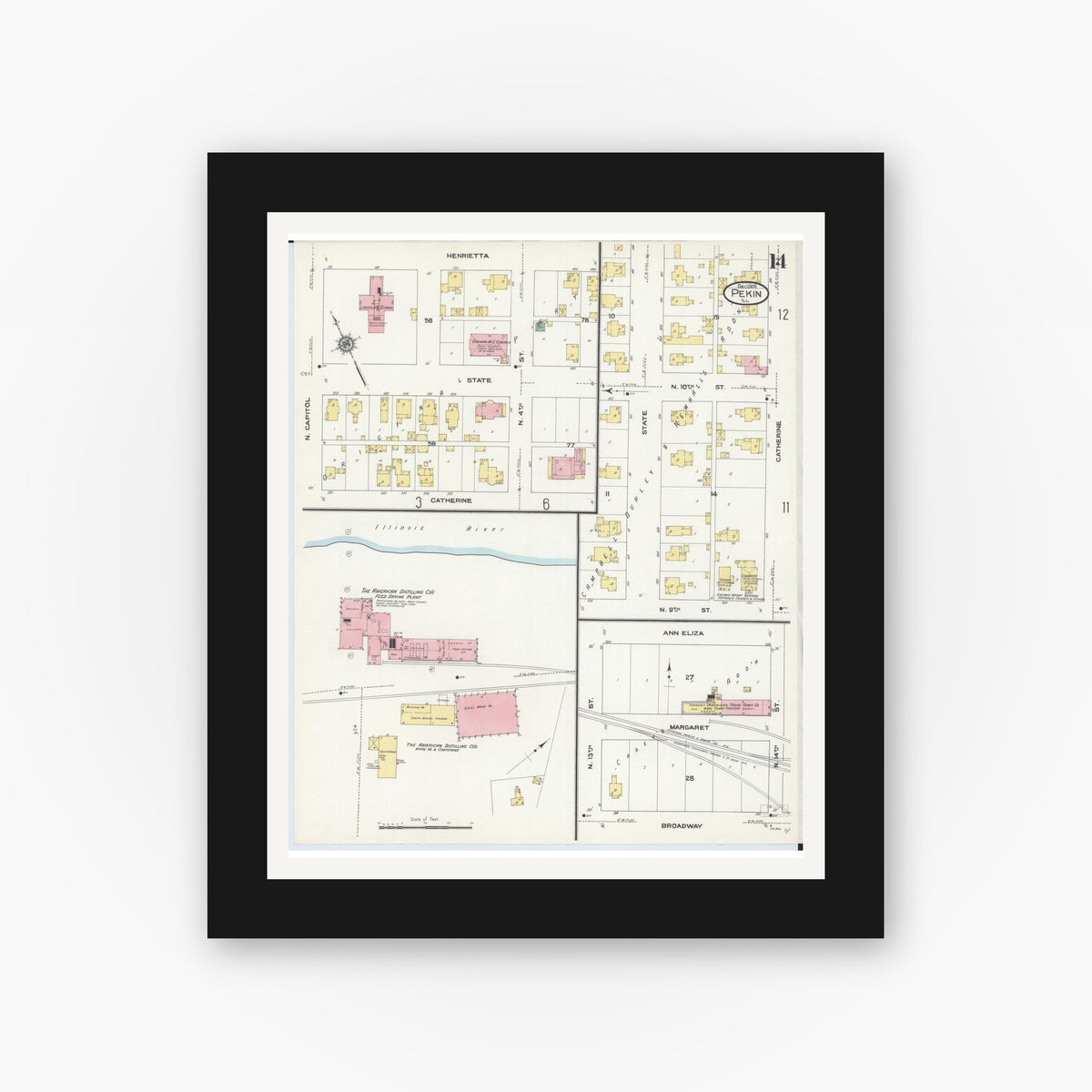 Old map wall art mockup — black gallery frame with white mat — Sanborn Fire Insurance Map from Pekin, Tazewell County, Illinois (1909), Sheet #0014