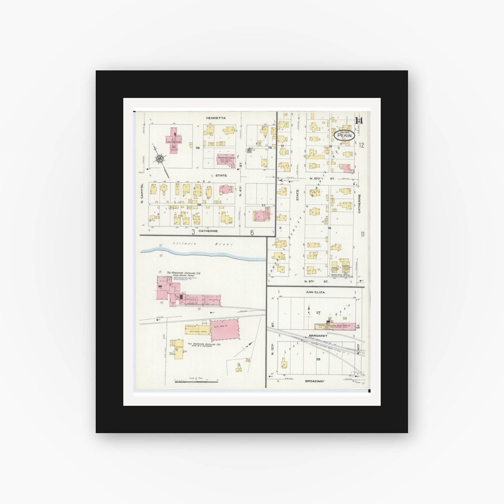 Old map wall art mockup — black gallery frame with white mat — Sanborn Fire Insurance Map from Pekin, Tazewell County, Illinois (1909), Sheet #0014