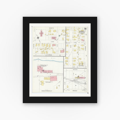 Old map wall art mockup — black gallery frame with white mat — Sanborn Fire Insurance Map from Pekin, Tazewell County, Illinois (1909), Sheet #0014