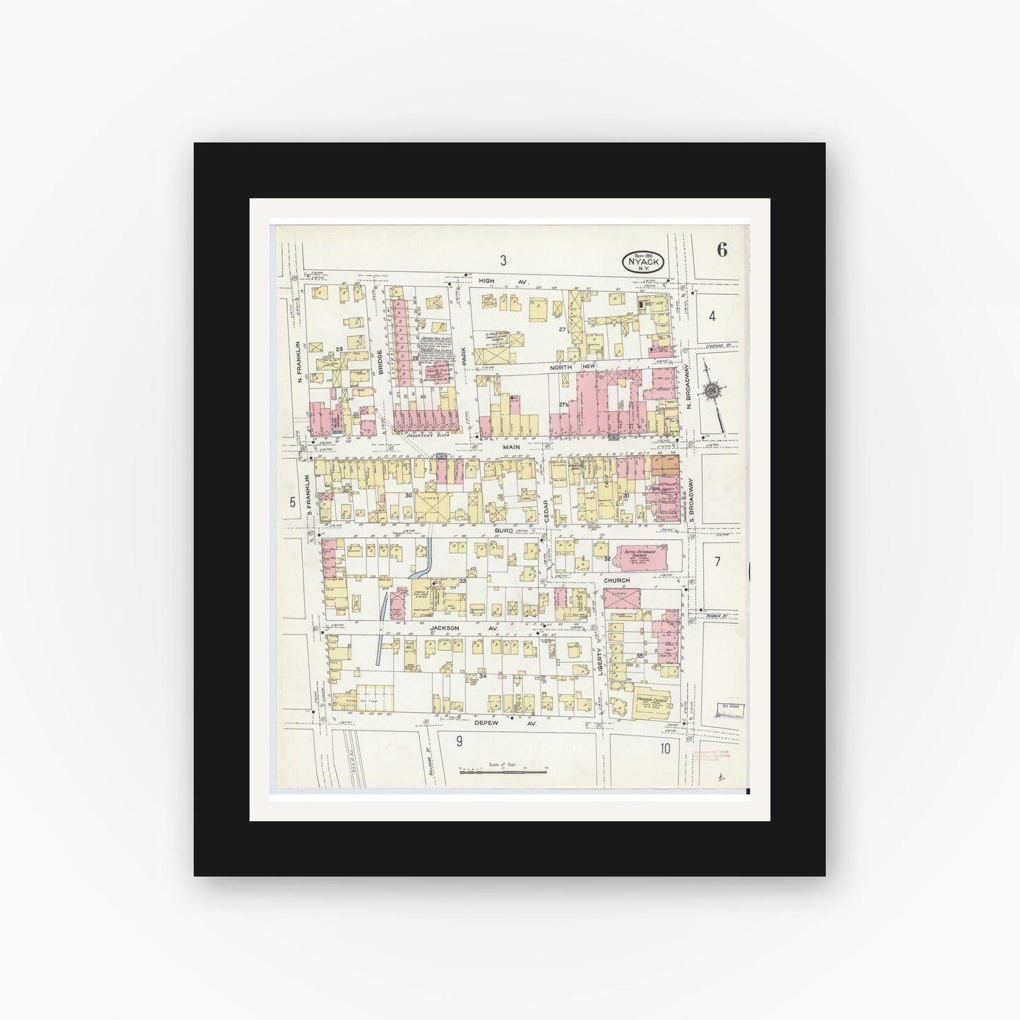Old map wall art mockup — black gallery frame with white mat — Sanborn Fire Insurance Map from Nyack, Rockland County, New York. (1910), Sheet #0006