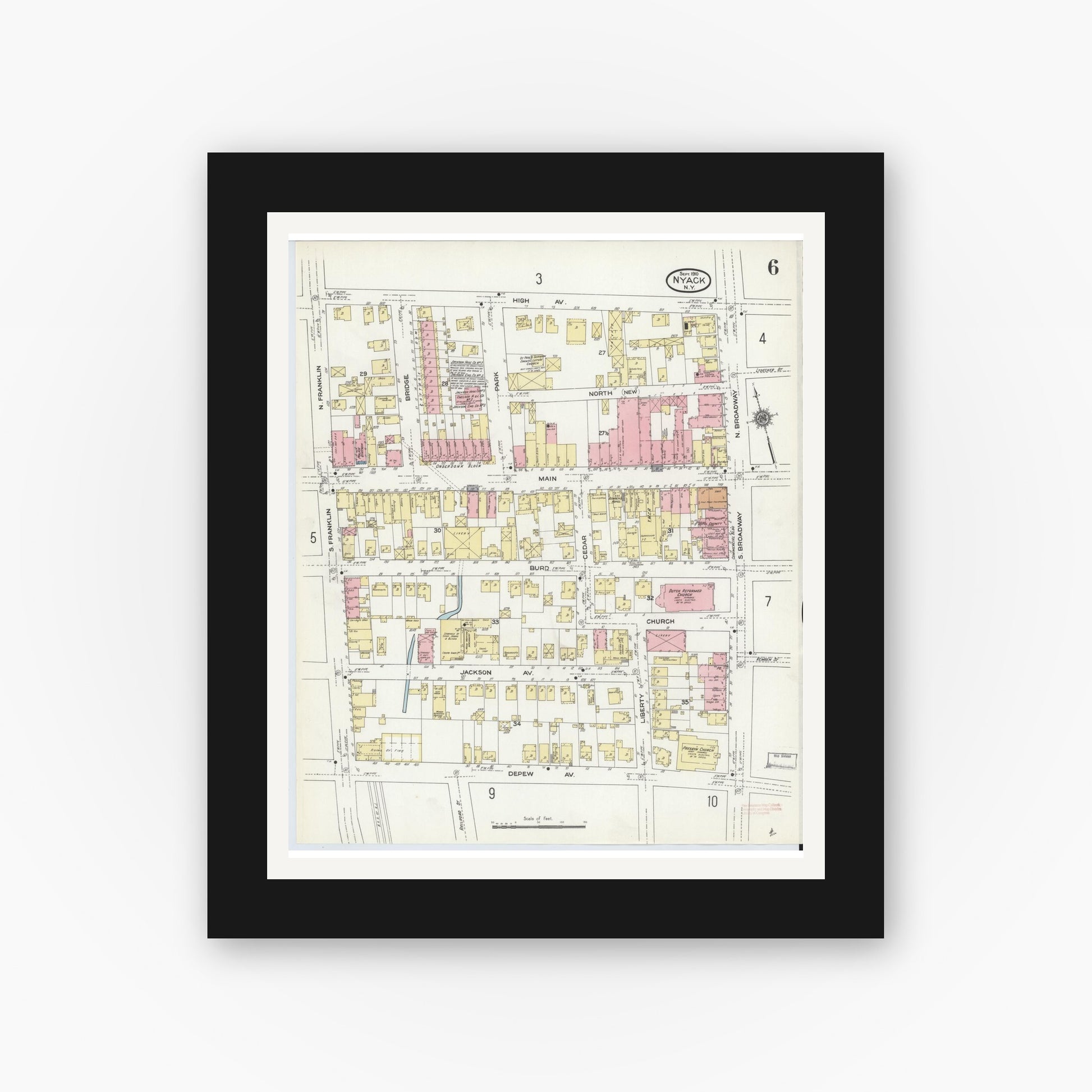 Old map wall art mockup — black gallery frame with white mat — Sanborn Fire Insurance Map from Nyack, Rockland County, New York. (1910), Sheet #0006