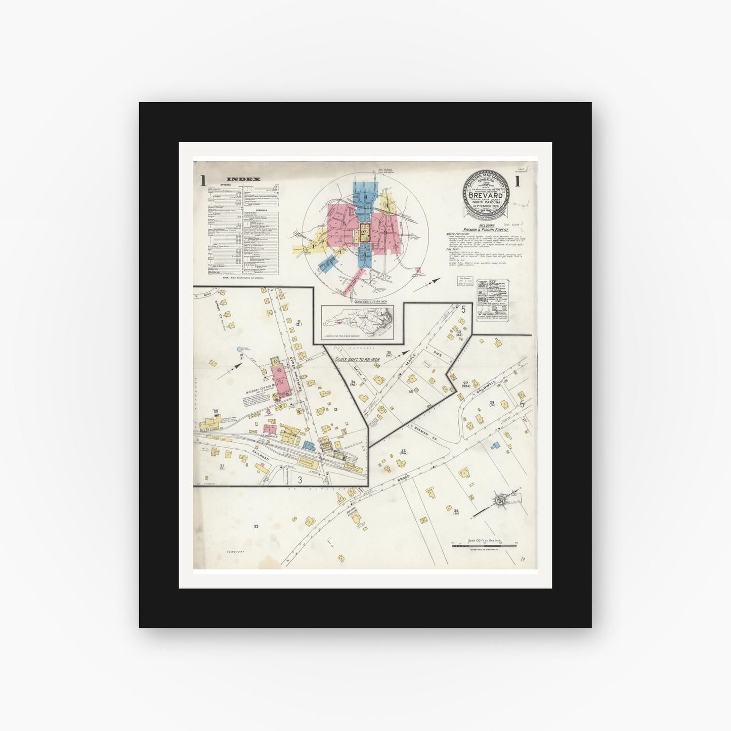 Old map wall art mockup — black gallery frame with white mat — Sanborn Fire Insurance Map from Brevard, Transylvania County, North Carolina (1924), Sheet #0001