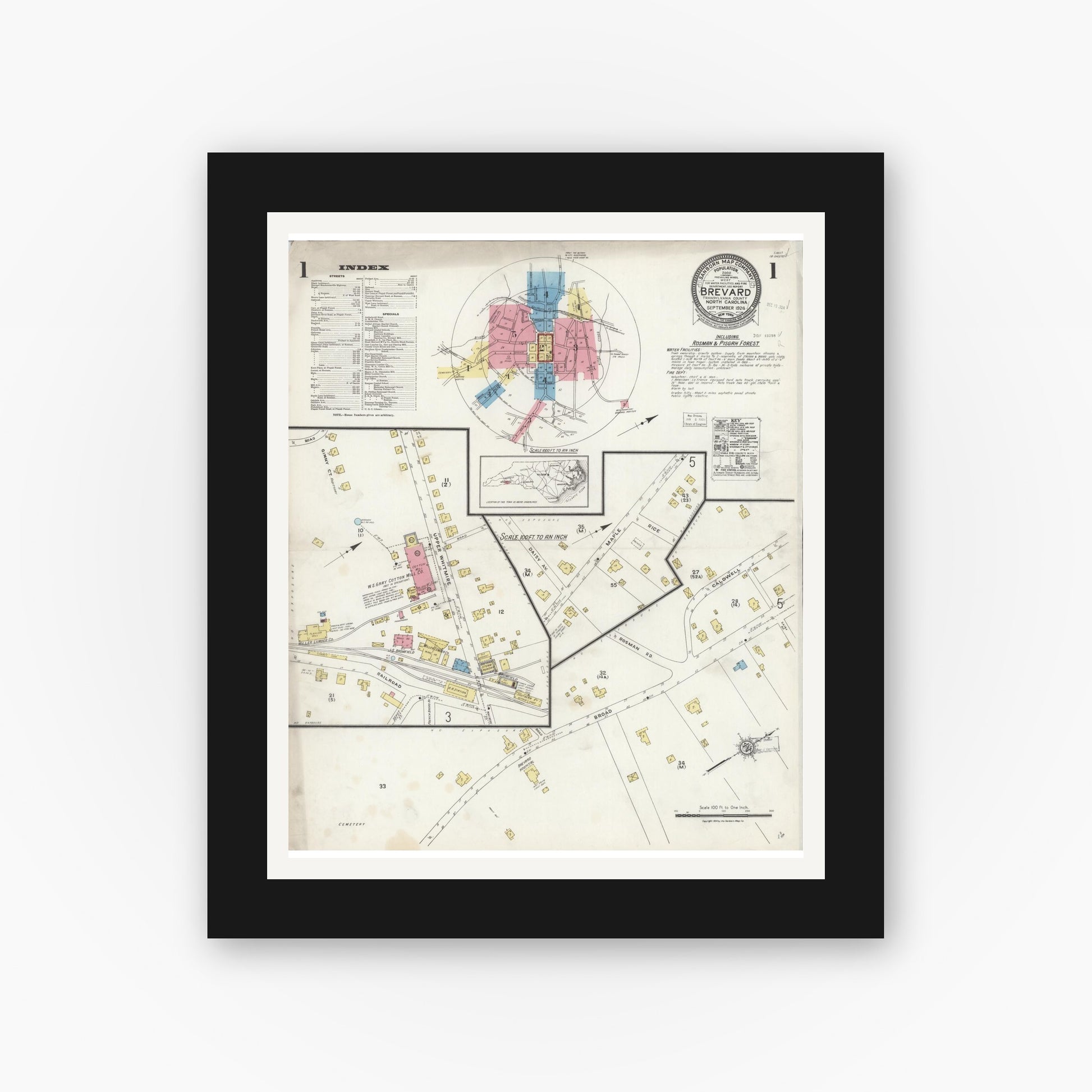 Old map wall art mockup — black gallery frame with white mat — Sanborn Fire Insurance Map from Brevard, Transylvania County, North Carolina (1924), Sheet #0001