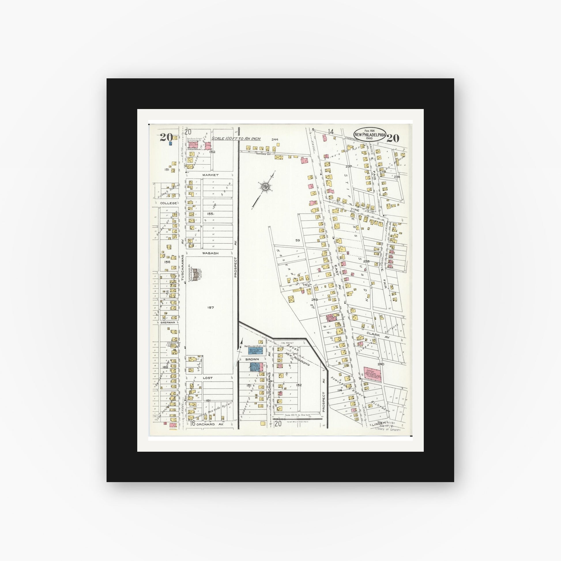 Old map wall art mockup — black gallery frame with white mat — Sanborn Fire Insurance Map from New Philadelphia, Tuscarawas County, Ohio (1926), Sheet #0020