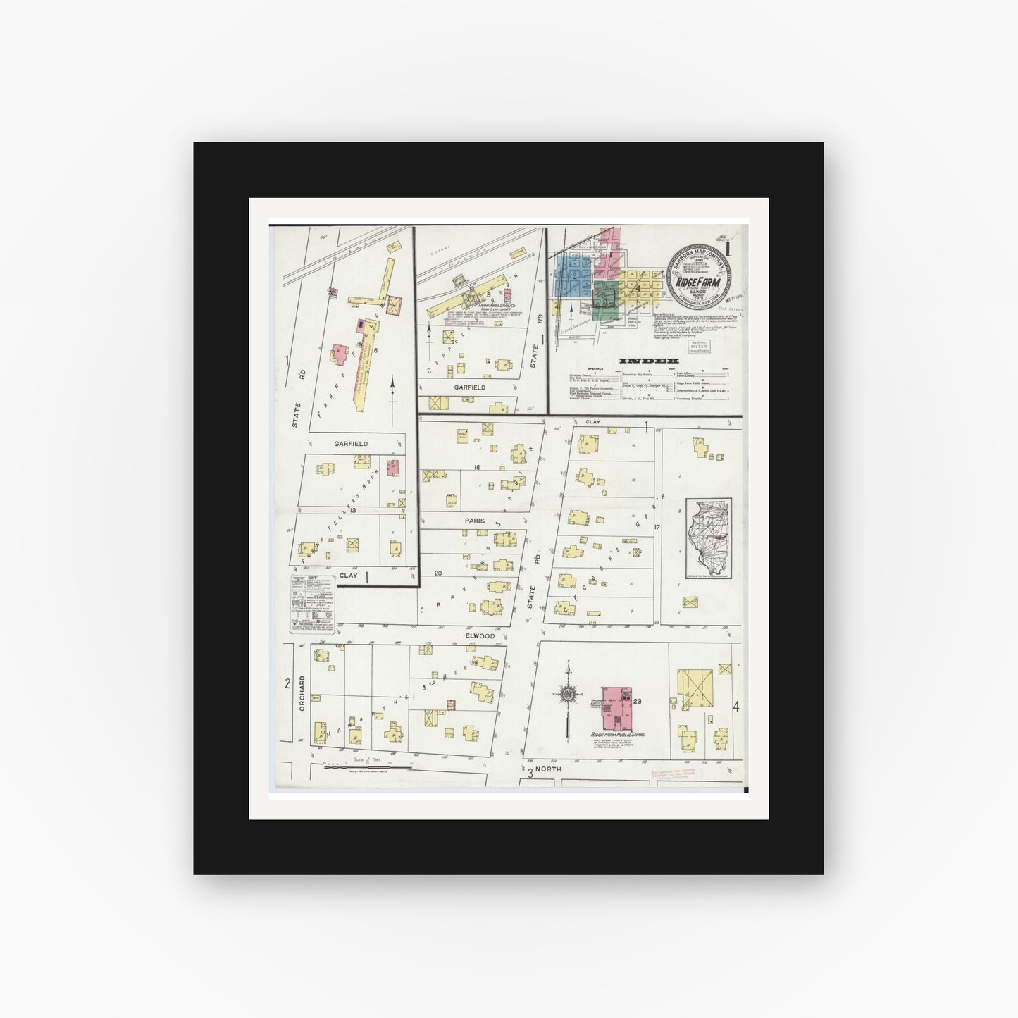 Old map wall art mockup — black gallery frame with white mat — Sanborn Fire Insurance Map from Ridge Farm, Vermilion County, Illinois (1919) - Complete Map Set