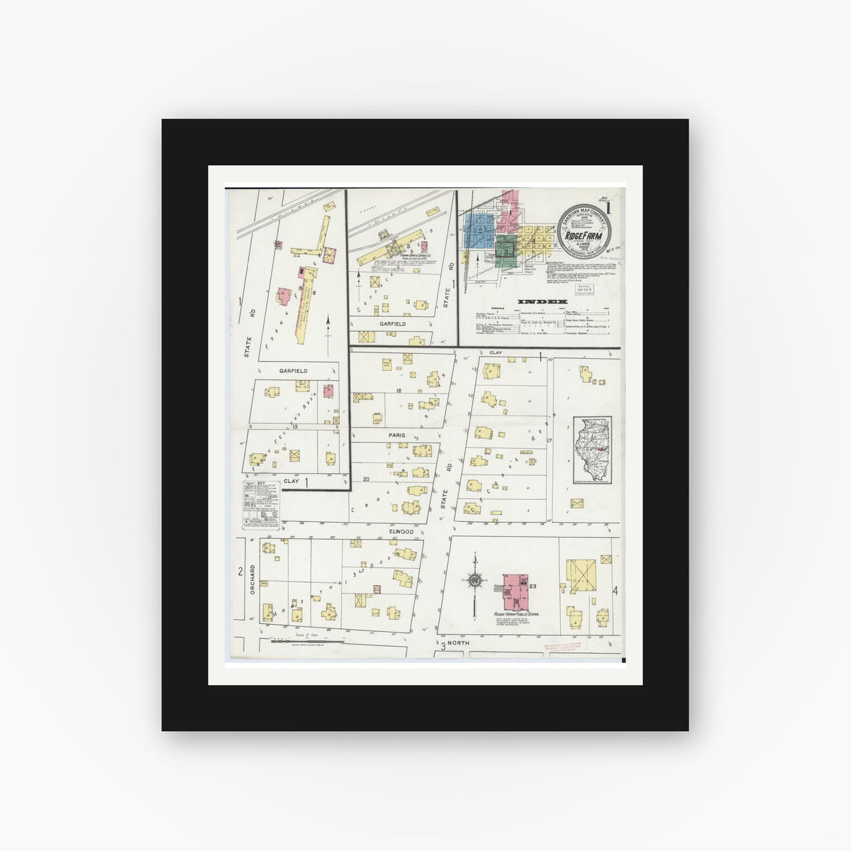 Old map wall art mockup — black gallery frame with white mat — Sanborn Fire Insurance Map from Ridge Farm, Vermilion County, Illinois (1919) - Complete Map Set