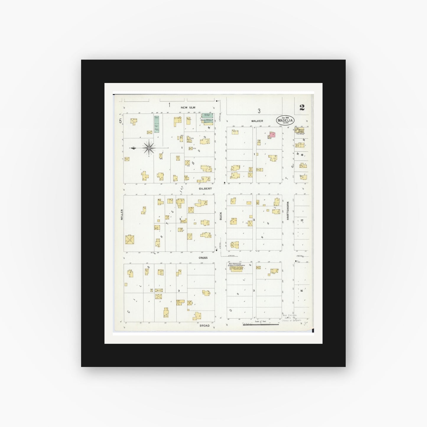 Old map wall art mockup — black gallery frame with white mat — Sanborn Fire Insurance Map from Madelia, Watonwan County, Minnesota (1908), Sheet #0002