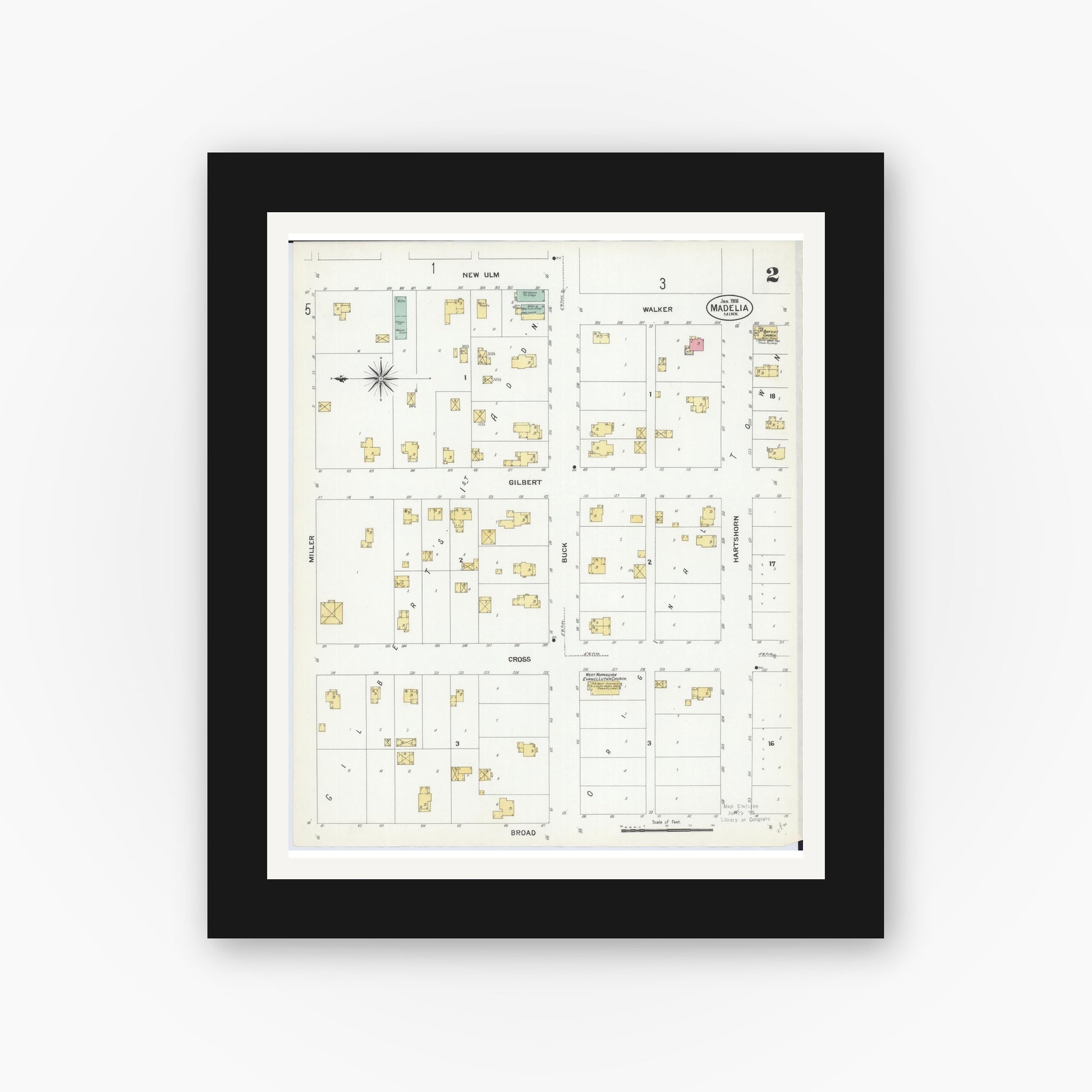 Old map wall art mockup — black gallery frame with white mat — Sanborn Fire Insurance Map from Madelia, Watonwan County, Minnesota (1908), Sheet #0002