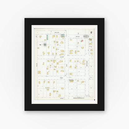 Old map wall art mockup — black gallery frame with white mat — Sanborn Fire Insurance Map from Madelia, Watonwan County, Minnesota (1908), Sheet #0002