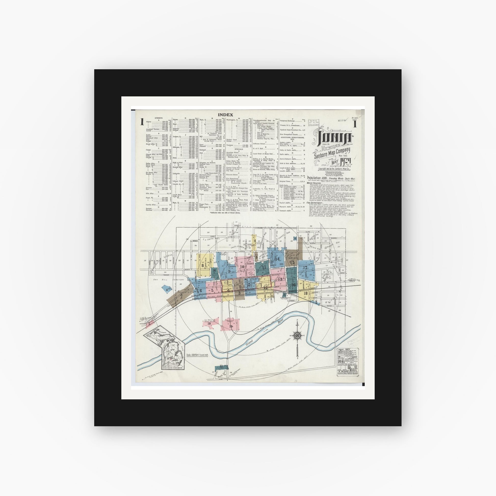 Old map wall art mockup — black gallery frame with white mat — Sanborn Fire Insurance Map from Ionia, Ionia County, Michigan (1924) - Complete Map Set