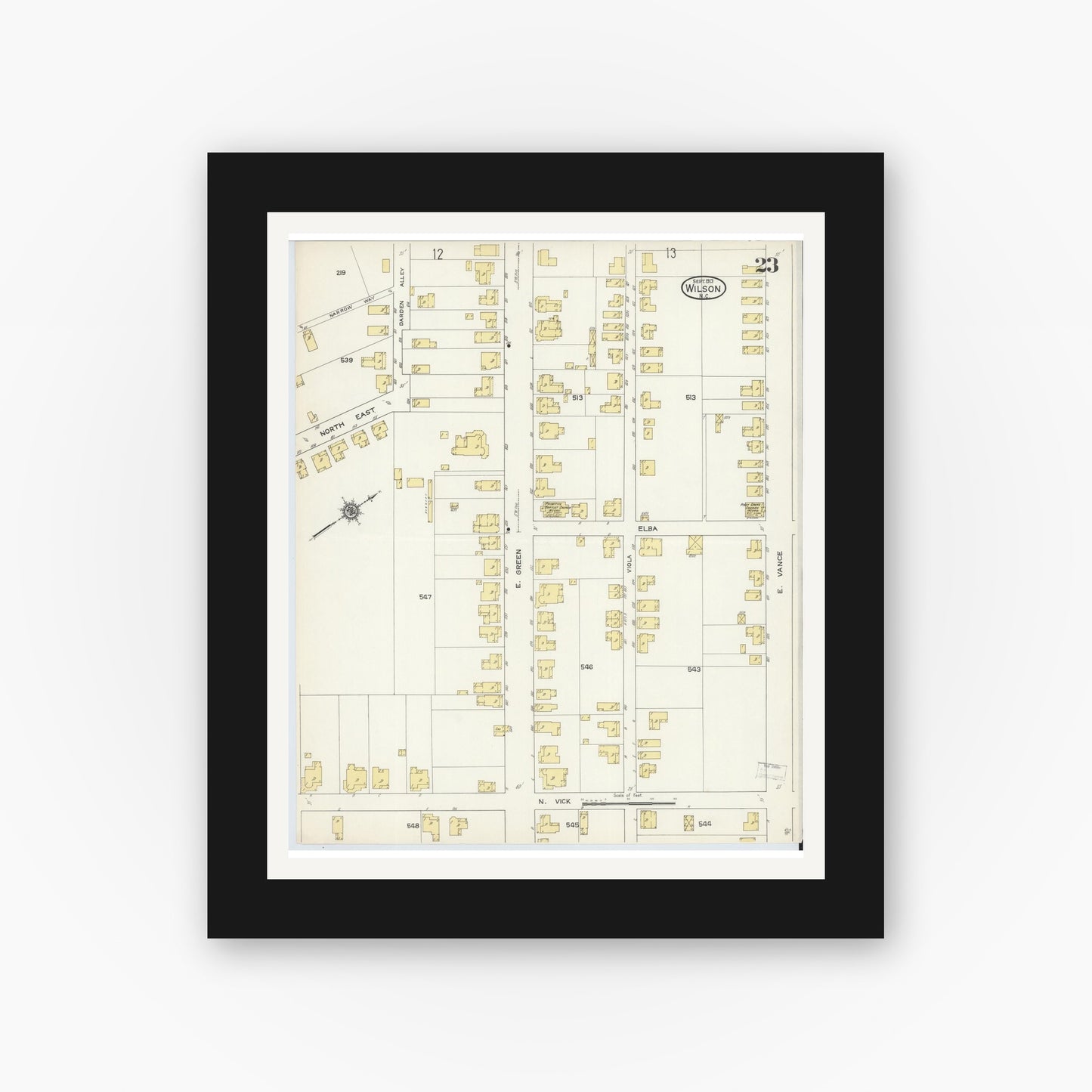 Old map wall art mockup — black gallery frame with white mat — Sanborn Fire Insurance Map from Wilson, Wilson County, North Carolina (1913), Sheet #0023
