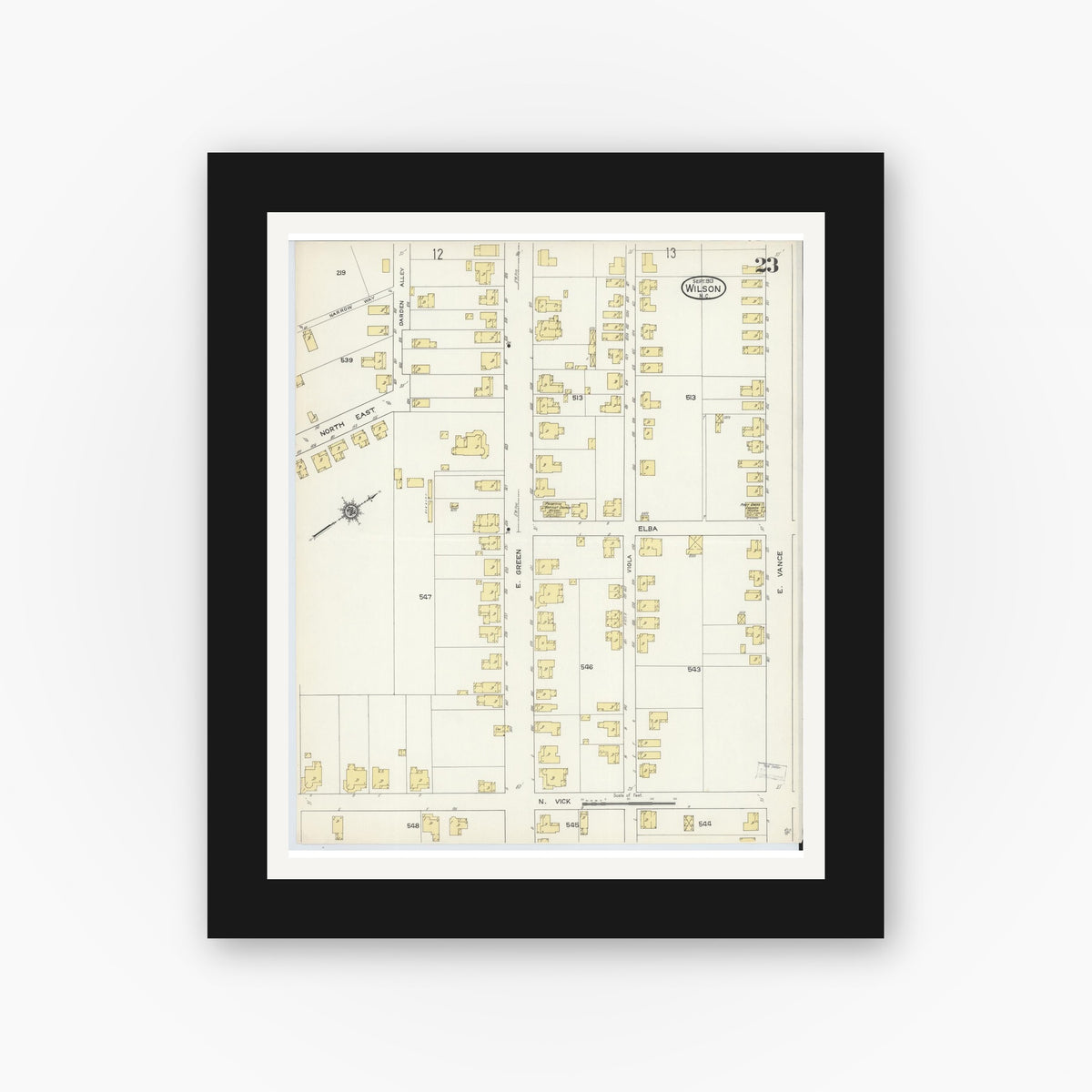 Old map wall art mockup — black gallery frame with white mat — Sanborn Fire Insurance Map from Wilson, Wilson County, North Carolina (1913), Sheet #0023