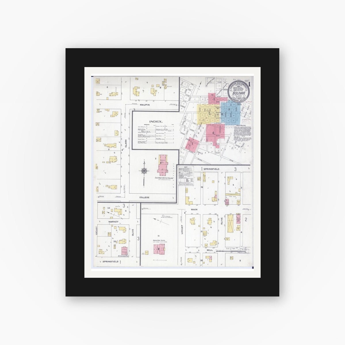 Old map wall art mockup — black gallery frame with white mat — Sanborn Fire Insurance Map from Bolivar, Polk County, Missouri (1909) - Complete Map Set