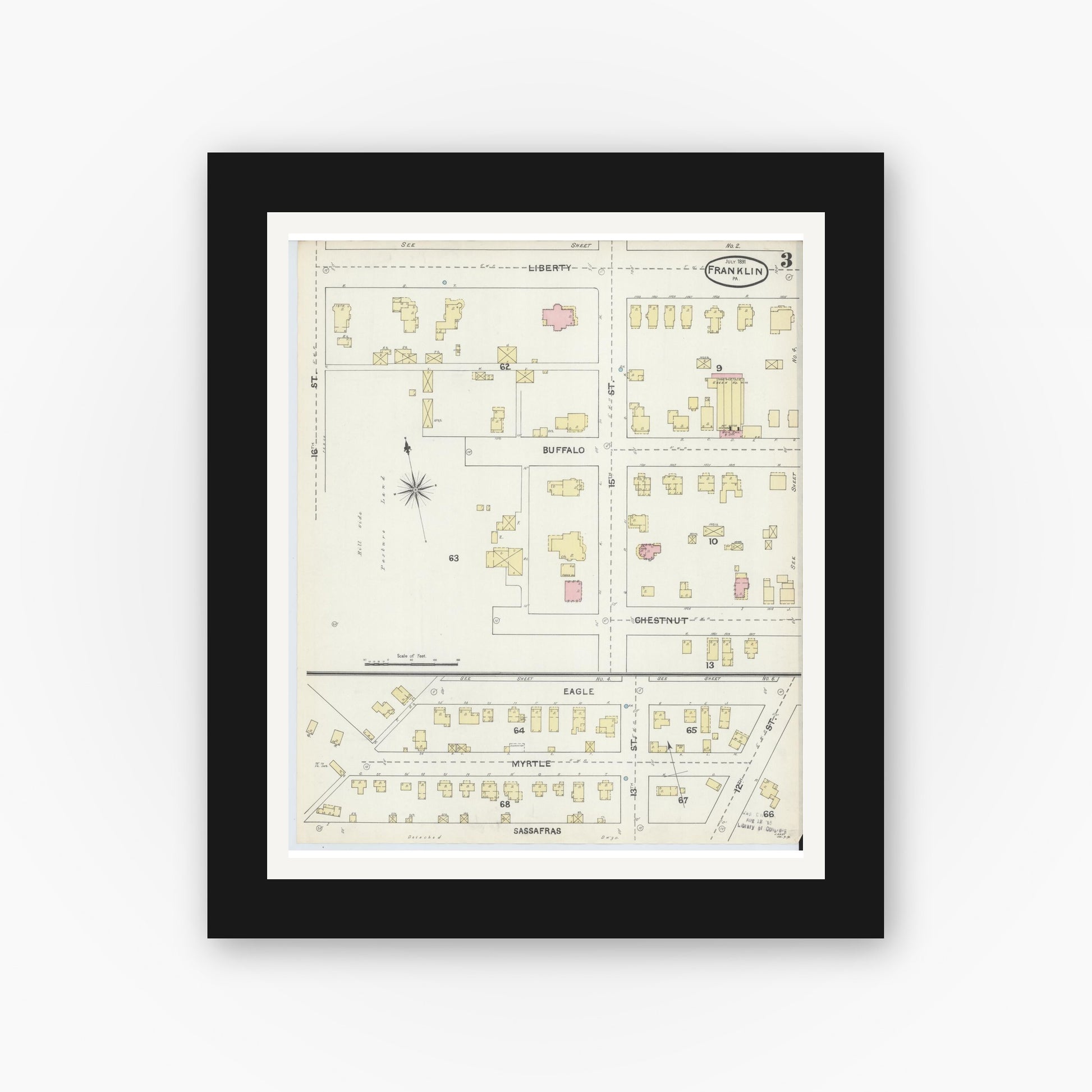 Old map wall art mockup — black gallery frame with white mat — Sanborn Fire Insurance Map from Franklin, Venango County, Pennsylvania (1891), Sheet #0003