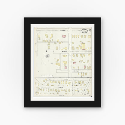 Old map wall art mockup — black gallery frame with white mat — Sanborn Fire Insurance Map from Franklin, Venango County, Pennsylvania (1891), Sheet #0003