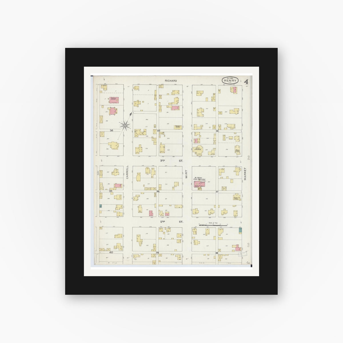 Old map wall art mockup — black gallery frame with white mat — Sanborn Fire Insurance Map from Henry, Marshall County, Illinois (1893), Sheet #0004