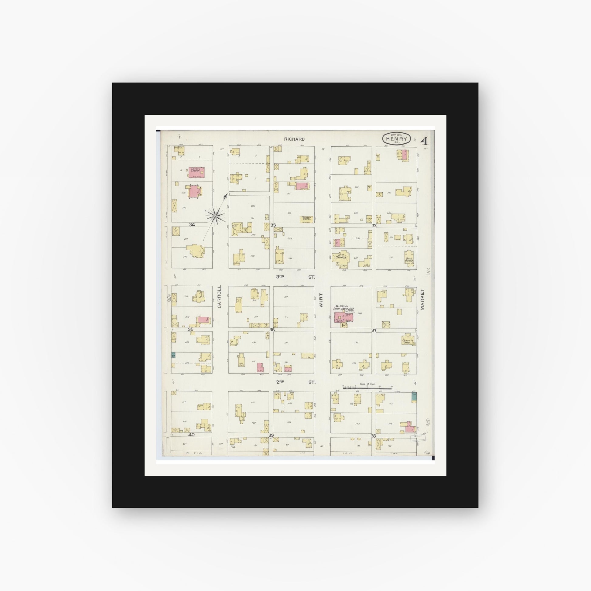 Old map wall art mockup — black gallery frame with white mat — Sanborn Fire Insurance Map from Henry, Marshall County, Illinois (1893), Sheet #0004