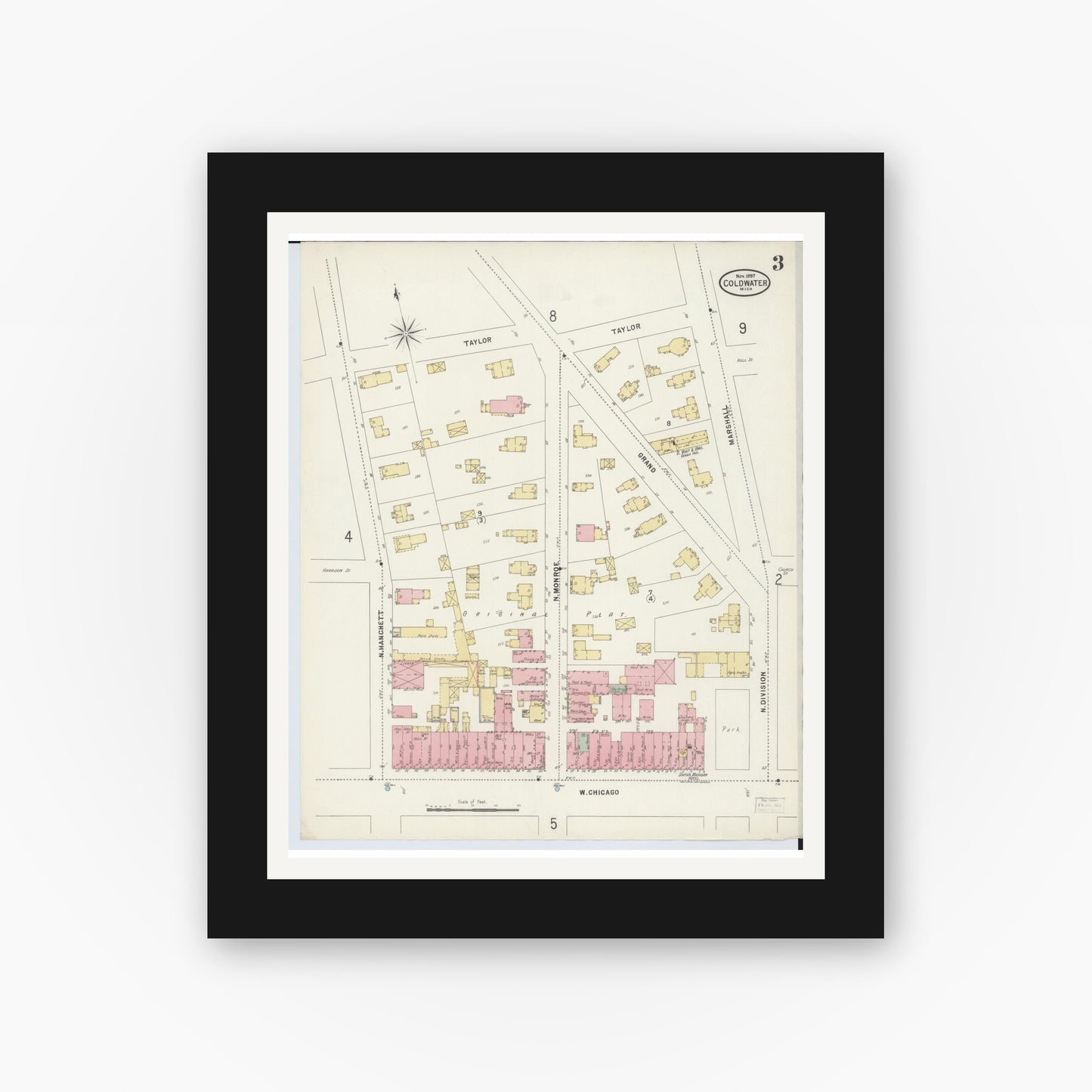 Old map wall art mockup — black gallery frame with white mat — Sanborn Fire Insurance Map from Coldwater, Branch County, Michigan (1897), Sheet #0003