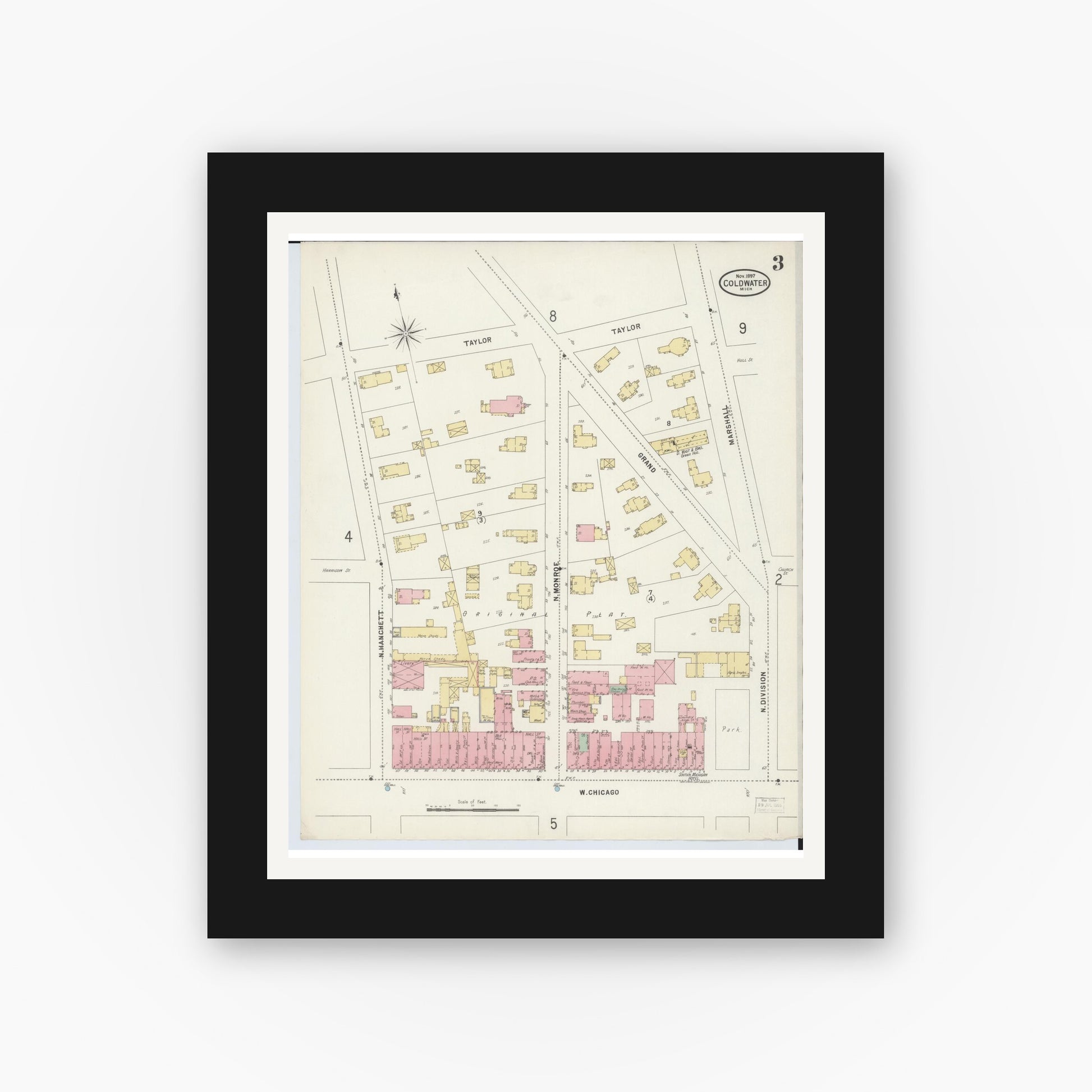 Old map wall art mockup — black gallery frame with white mat — Sanborn Fire Insurance Map from Coldwater, Branch County, Michigan (1897), Sheet #0003