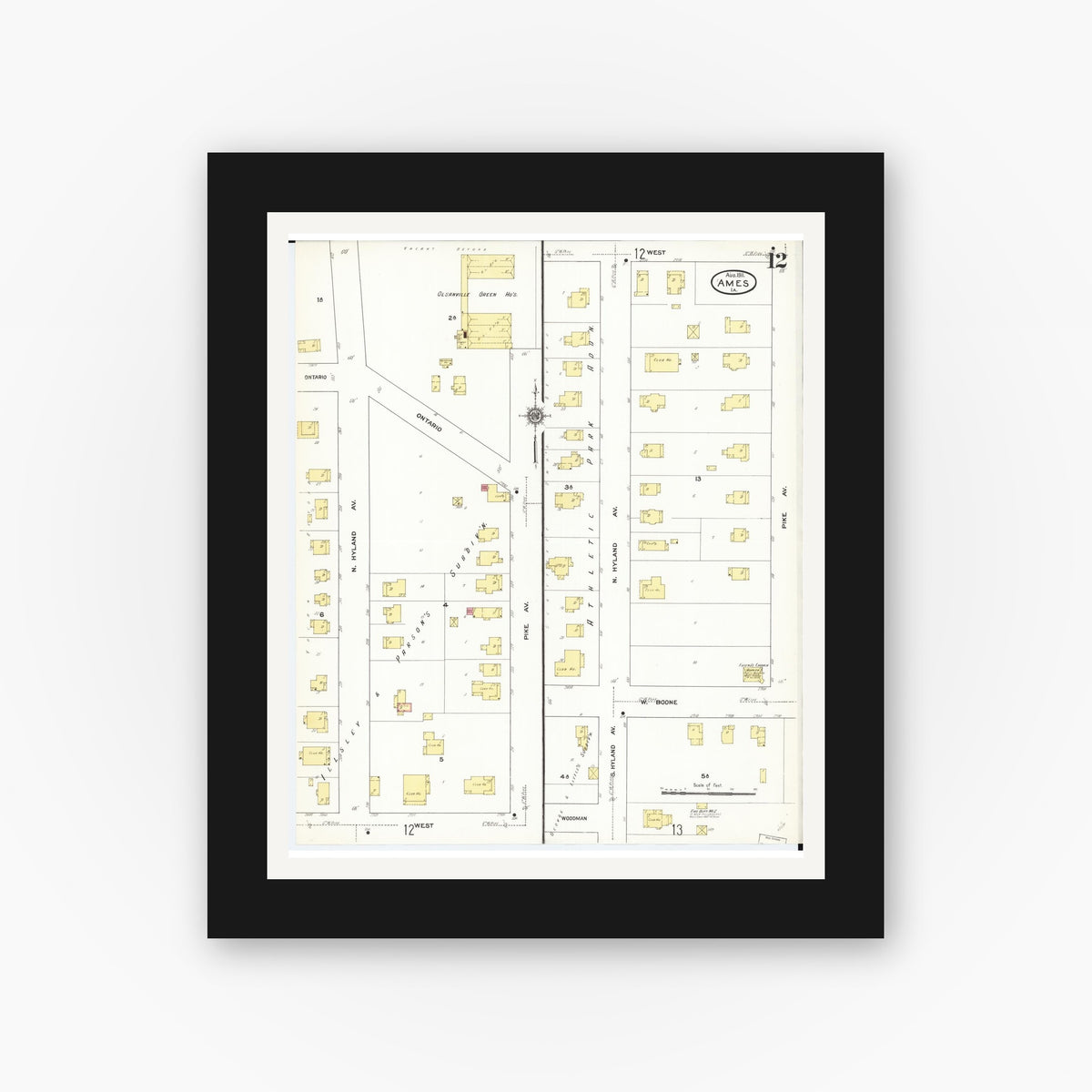 Old map wall art mockup — black gallery frame with white mat — Sanborn Fire Insurance Map from Ames, Story County, Iowa (1911), Sheet #0012