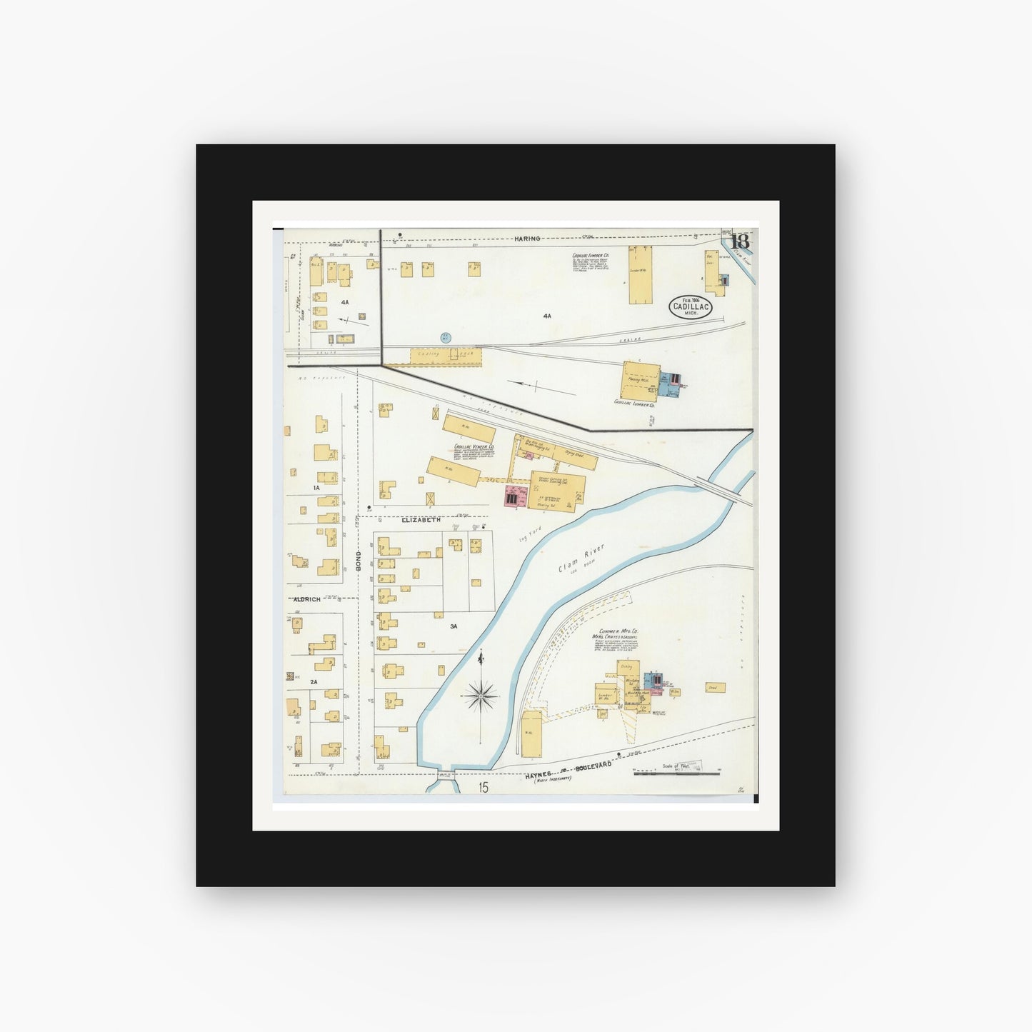 Old map wall art mockup — black gallery frame with white mat — Sanborn Fire Insurance Map from Cadillac, Wexford County, Michigan (1906), Sheet #0018