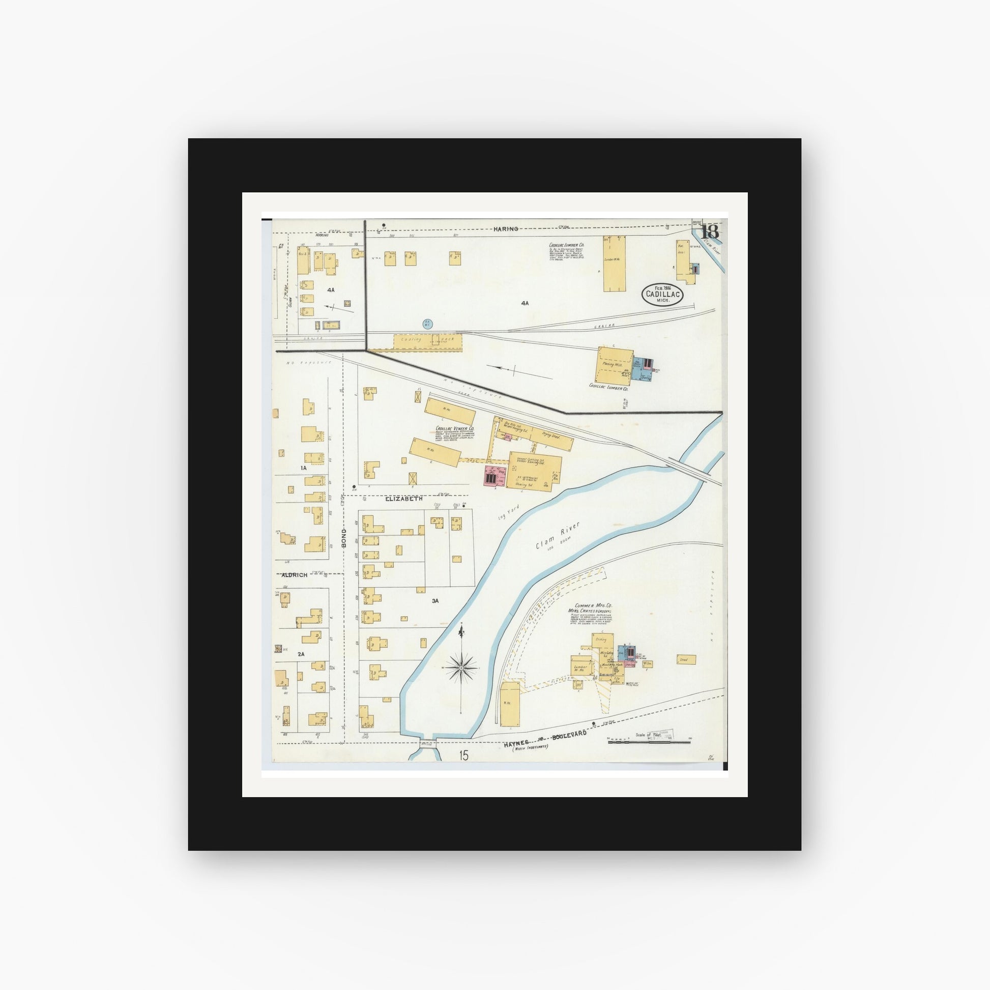 Old map wall art mockup — black gallery frame with white mat — Sanborn Fire Insurance Map from Cadillac, Wexford County, Michigan (1906), Sheet #0018