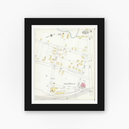 Old map wall art mockup — black gallery frame with white mat — Sanborn Fire Insurance Map from Middleboro, Plymouth County, Massachusetts (1912), Sheet #0005
