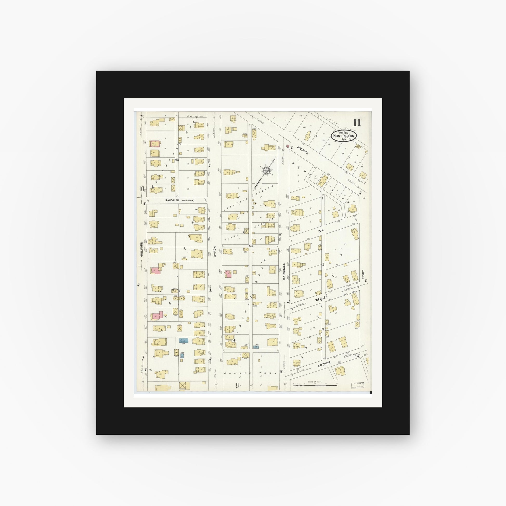 Old map wall art mockup — black gallery frame with white mat — Sanborn Fire Insurance Map from Huntington, Huntington County, Indiana (1912), Sheet #0011