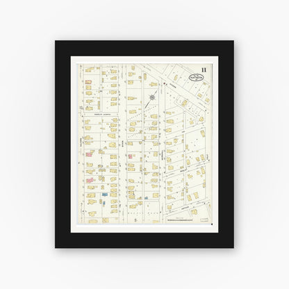 Old map wall art mockup — black gallery frame with white mat — Sanborn Fire Insurance Map from Huntington, Huntington County, Indiana (1912), Sheet #0011