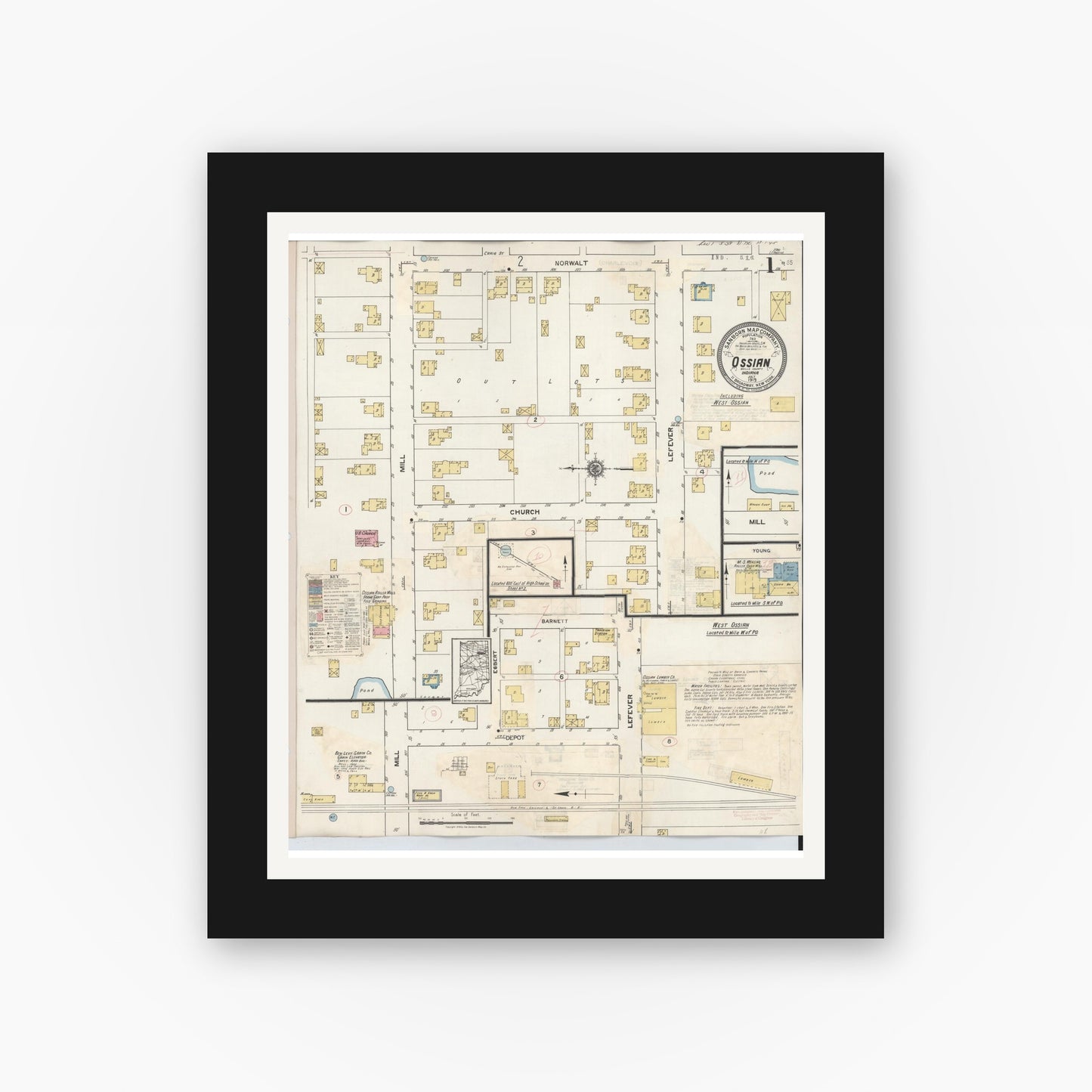 Old map wall art mockup — black gallery frame with white mat — Sanborn Fire Insurance Map from Ossian, Wells County, Indiana (1933) - Complete Map Set