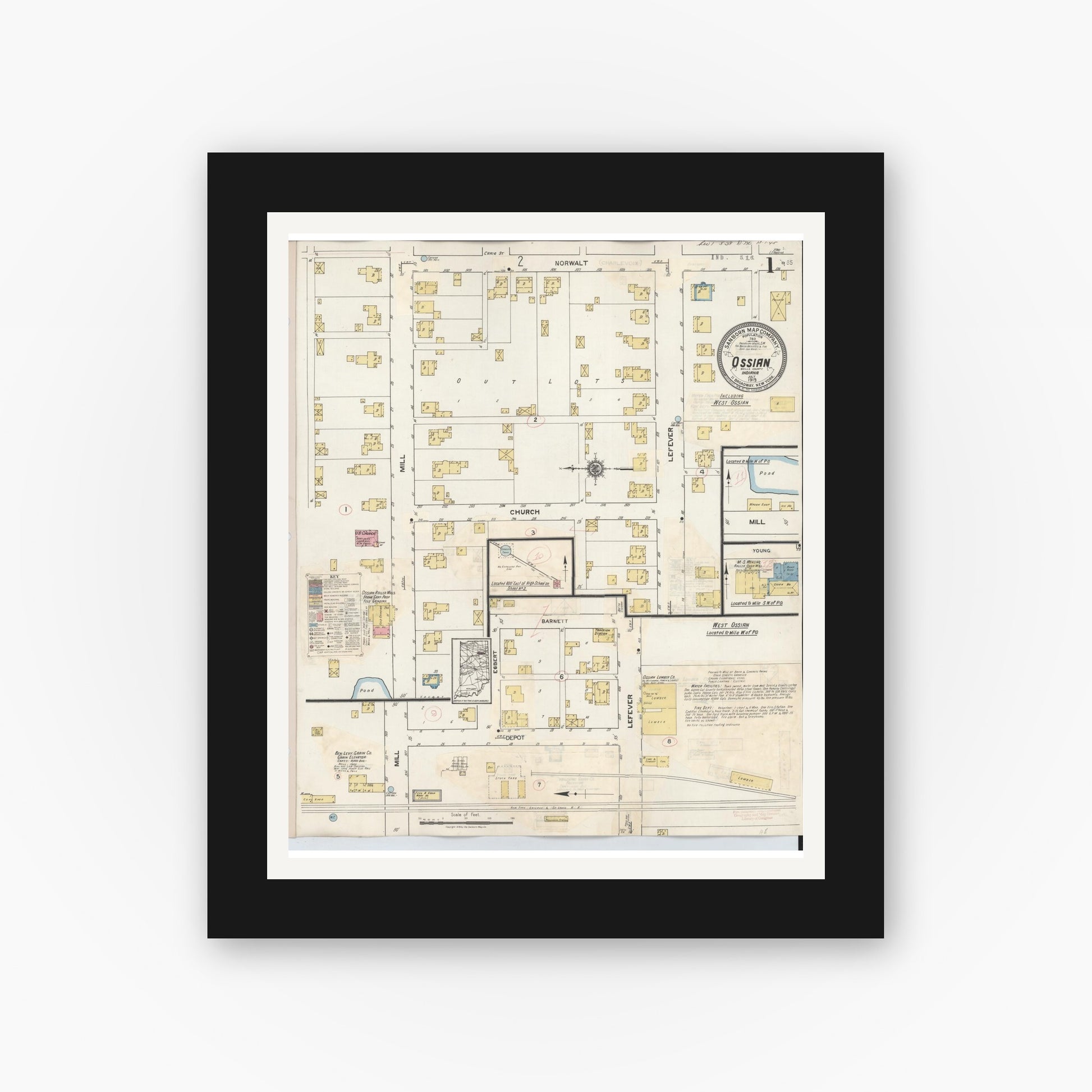 Old map wall art mockup — black gallery frame with white mat — Sanborn Fire Insurance Map from Ossian, Wells County, Indiana (1933) - Complete Map Set
