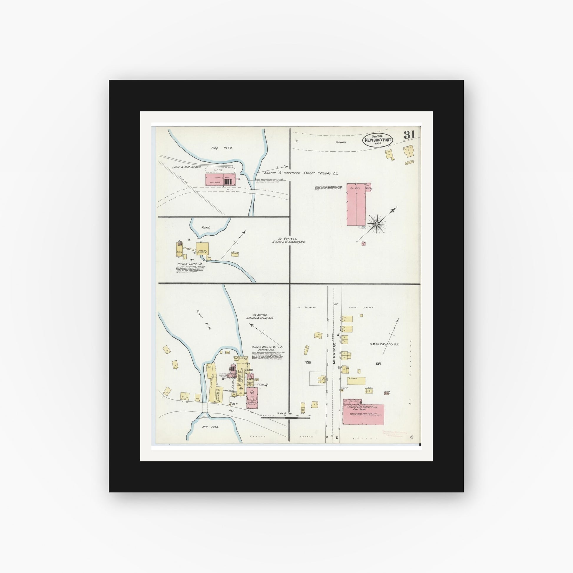 Old map wall art mockup — black gallery frame with white mat — Sanborn Fire Insurance Map from Newburyport, Essex County, Massachusetts (1906), Sheet #0031