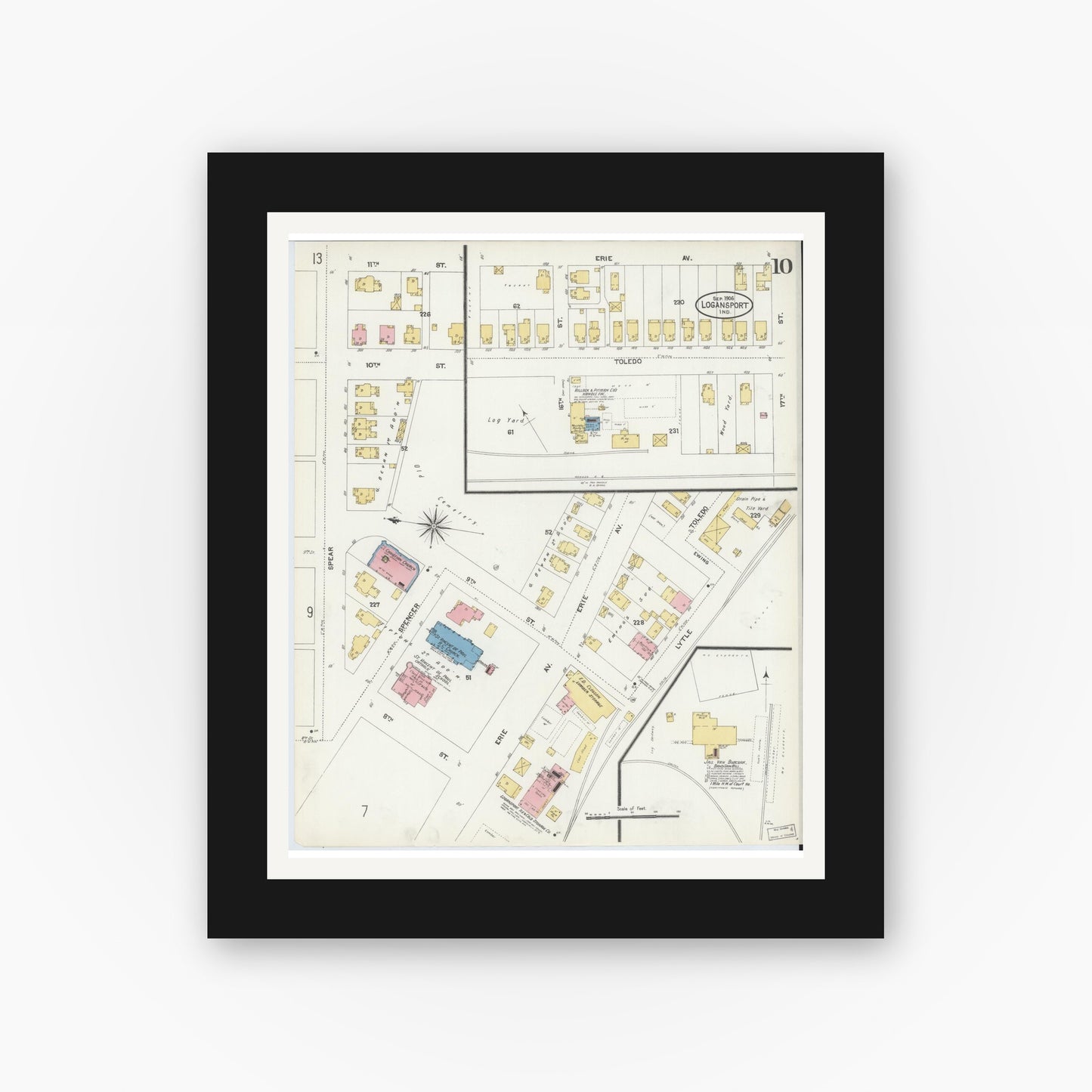 Old map wall art mockup — black gallery frame with white mat — Sanborn Fire Insurance Map from Logansport, Cass County, Indiana (1906), Sheet #0010