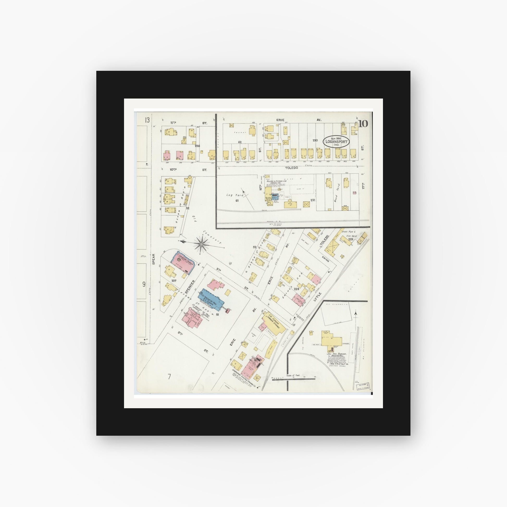 Old map wall art mockup — black gallery frame with white mat — Sanborn Fire Insurance Map from Logansport, Cass County, Indiana (1906), Sheet #0010