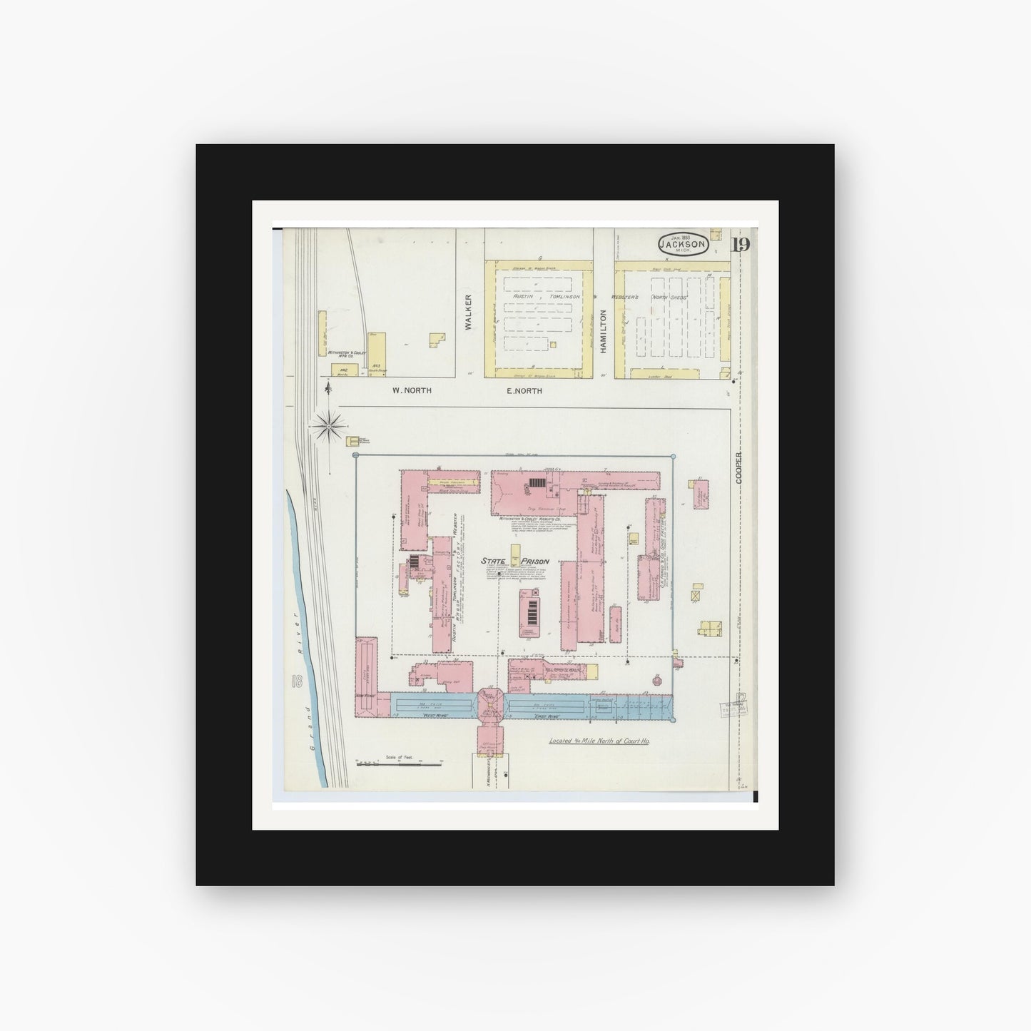 Old map wall art mockup — black gallery frame with white mat — Sanborn Fire Insurance Map from Jackson, Jackson County, Michigan (1893), Sheet #0019
