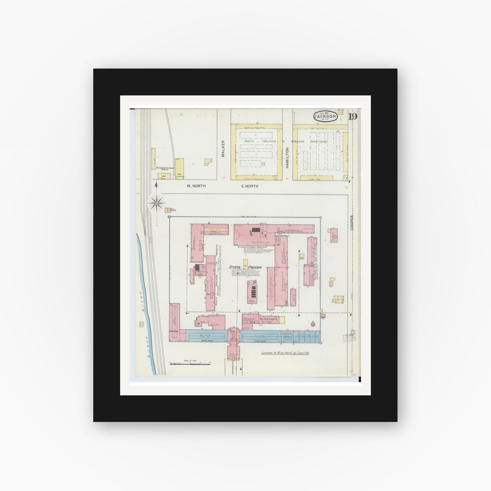 Old map wall art mockup — black gallery frame with white mat — Sanborn Fire Insurance Map from Jackson, Jackson County, Michigan (1893), Sheet #0019