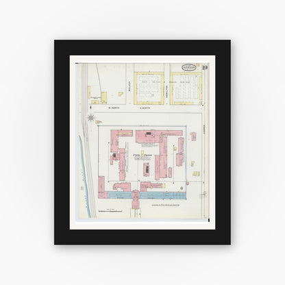 Old map wall art mockup — black gallery frame with white mat — Sanborn Fire Insurance Map from Jackson, Jackson County, Michigan (1893), Sheet #0019