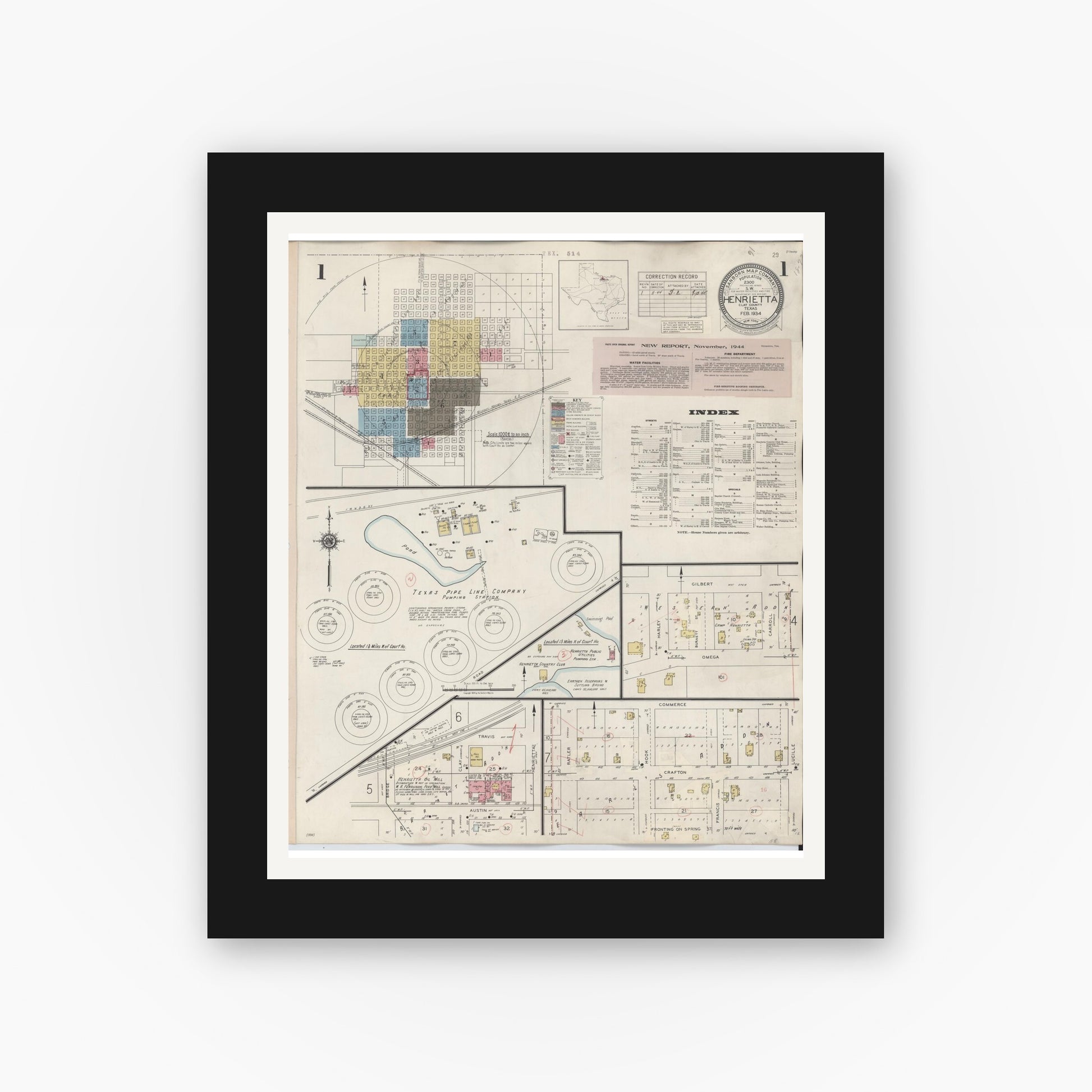 Old map wall art mockup — black gallery frame with white mat — Sanborn Fire Insurance Map from Henrietta, Clay County, Texas (1944) - Complete Map Set