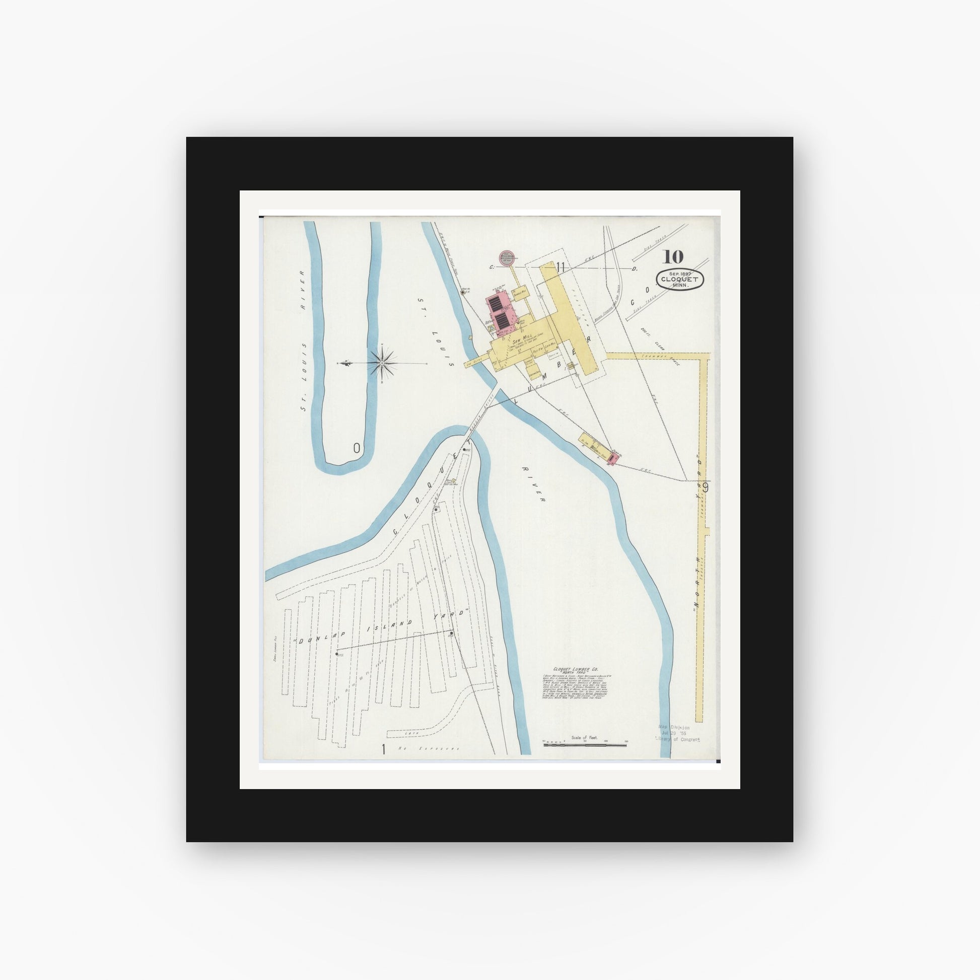 Old map wall art mockup — black gallery frame with white mat — Sanborn Fire Insurance Map from Cloquet, Carlton County, Minnesota (1897), Sheet #0010