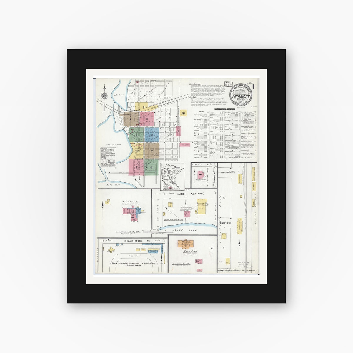 Old map wall art mockup — black gallery frame with white mat — Sanborn Fire Insurance Map from Fairmont, Martin County, Minnesota (1917), Sheet #0001