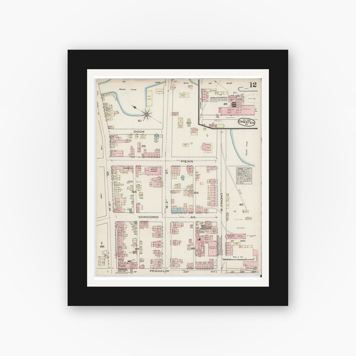 Old map wall art mockup — black gallery frame with white mat — Sanborn Fire Insurance Map from Chester, Delaware County, Pennsylvania (1885), Sheet #0012