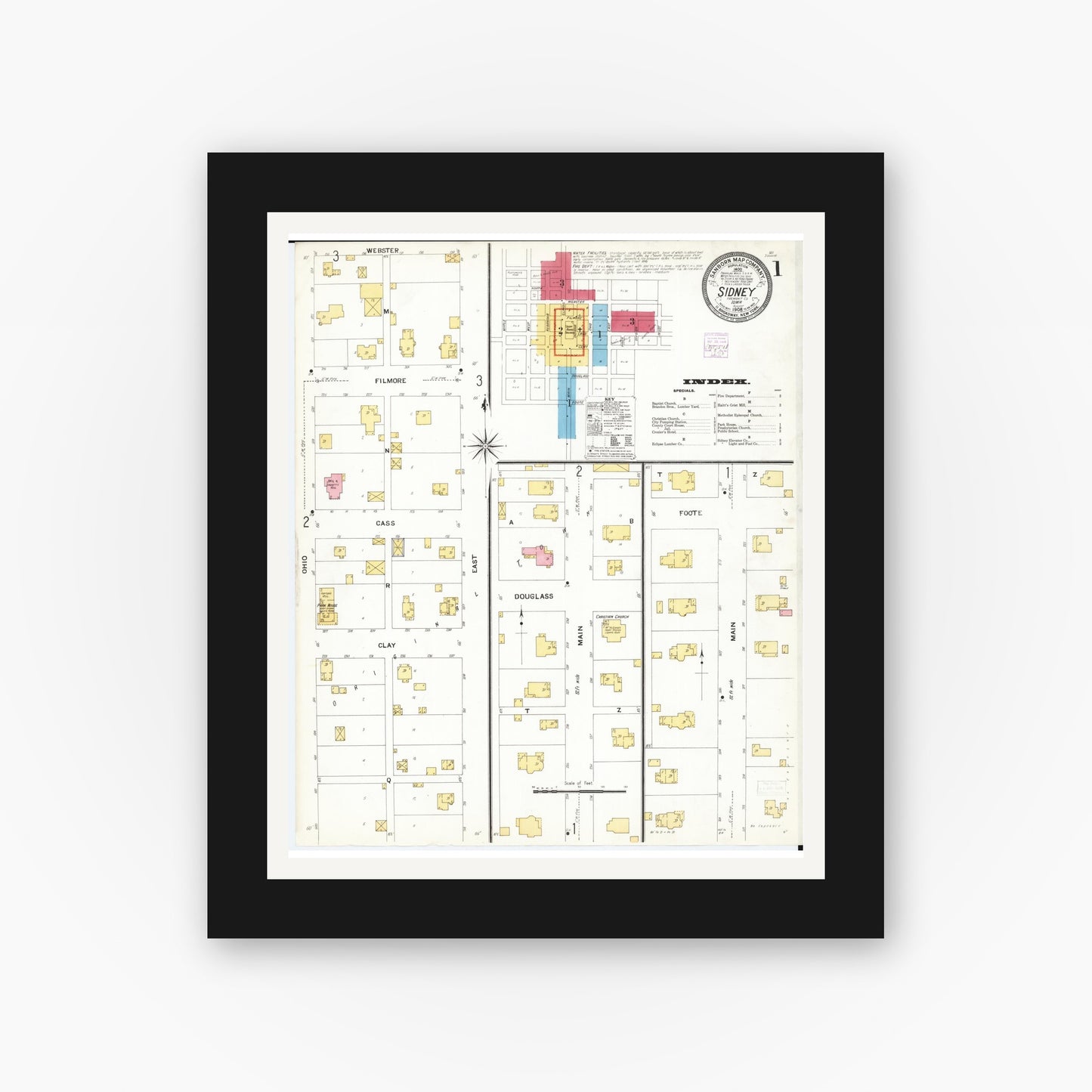 Old map wall art mockup — black gallery frame with white mat — Sanborn Fire Insurance Map from Sidney, Fremont County, Iowa (1908), Sheet #0001