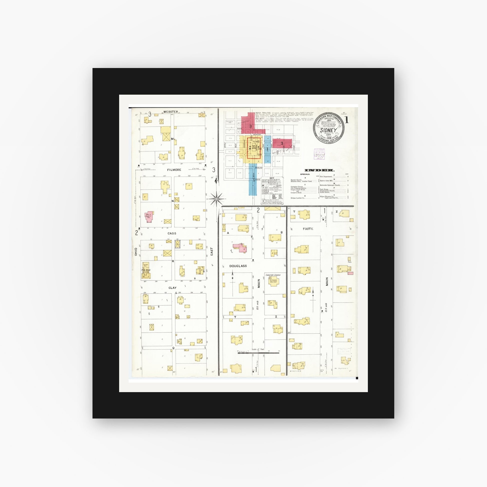Old map wall art mockup — black gallery frame with white mat — Sanborn Fire Insurance Map from Sidney, Fremont County, Iowa (1908), Sheet #0001