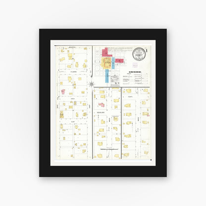 Old map wall art mockup — black gallery frame with white mat — Sanborn Fire Insurance Map from Sidney, Fremont County, Iowa (1908), Sheet #0001