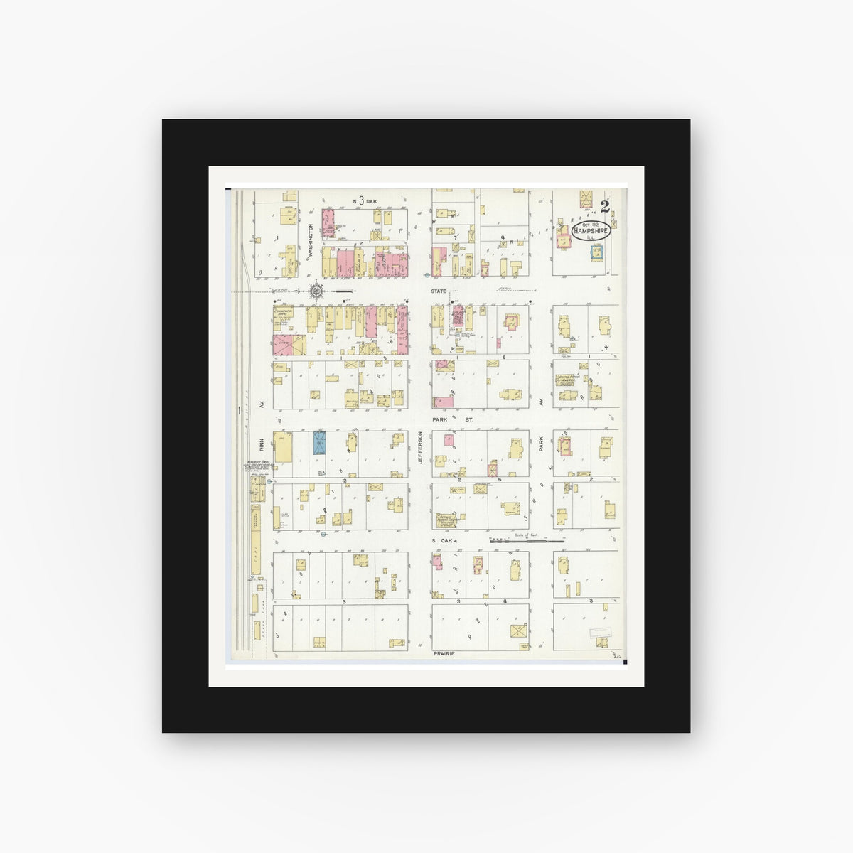Old map wall art mockup — black gallery frame with white mat — Sanborn Fire Insurance Map from Hampshire, Kane County, Illinois (1912), Sheet #0002